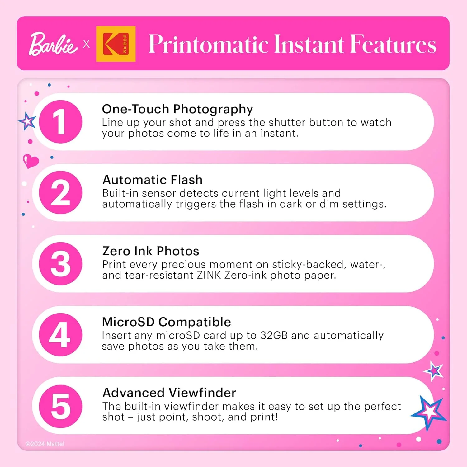 دوربین دیجیتال چاپ فوری رنگی KODAK Barbie x Printomatic - دوربین باربی قابل حمل 5 مگاپیکسلی با قابلیت چاپ عکس های رنگی 2x3 اینچی چسبی - طراحی نمادین