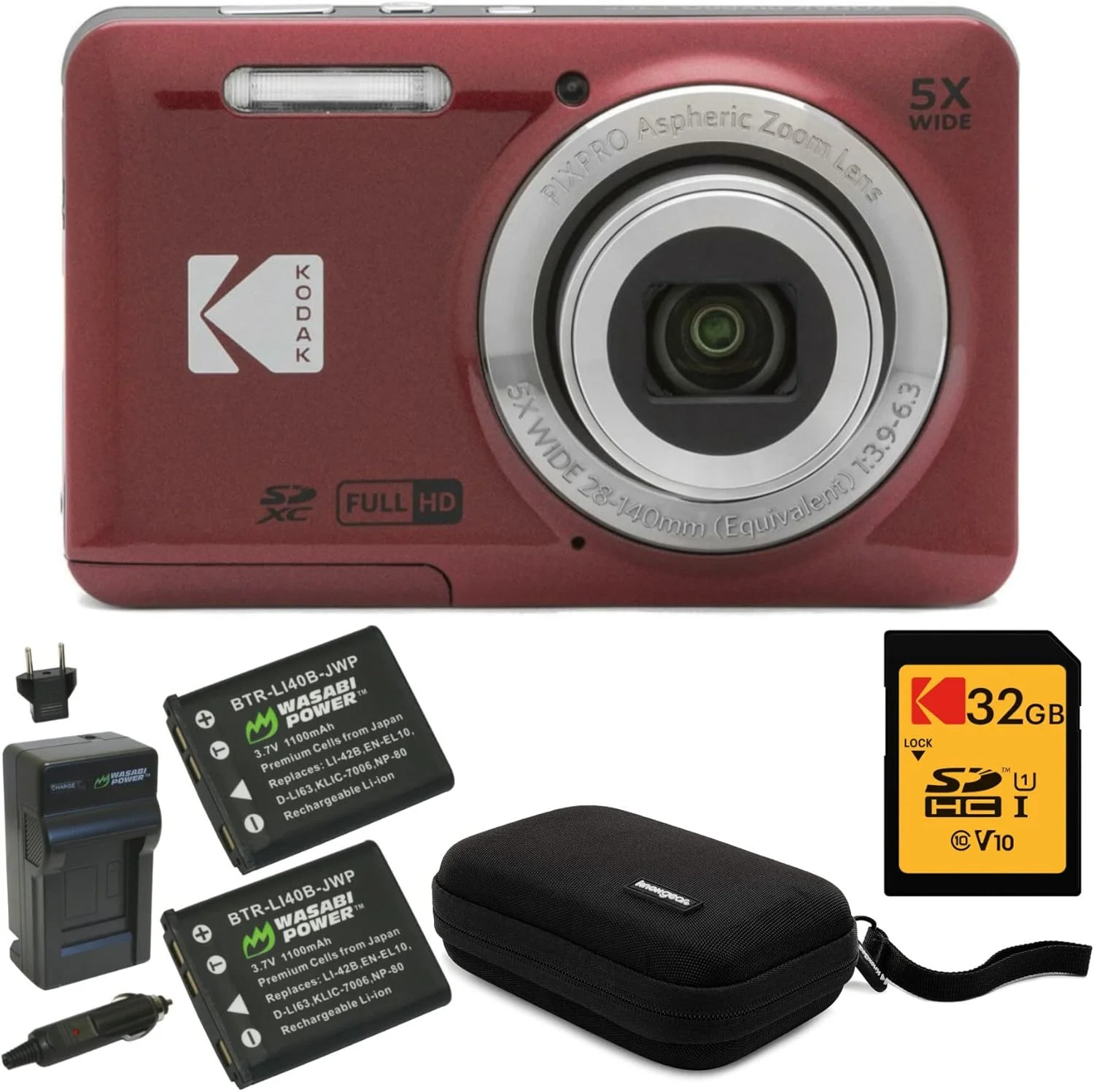 دوربین دیجیتال Kodak PIXPRO Friendly Zoom FZ55 (قرمز) به همراه کارت SD 32 گیگابایتی، کیف دوربین و شارژر مسافرتی باتری (4 قلم)