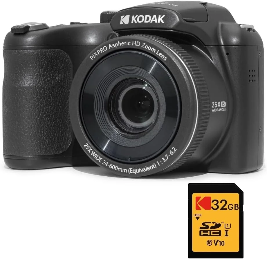 دوربین دیجیتال بریج KODAK Pixpro Astro Zoom AZ255 به همراه کارت حافظه SD 32 گیگابایتی - 16 مگاپیکسل، زوم 25 برابر، فیلمبرداری HD 1080p، زاویه دید عریض 24 میلی‌متر، صفحه نمایش LCD 3 اینچی، باتری AA - مشکی