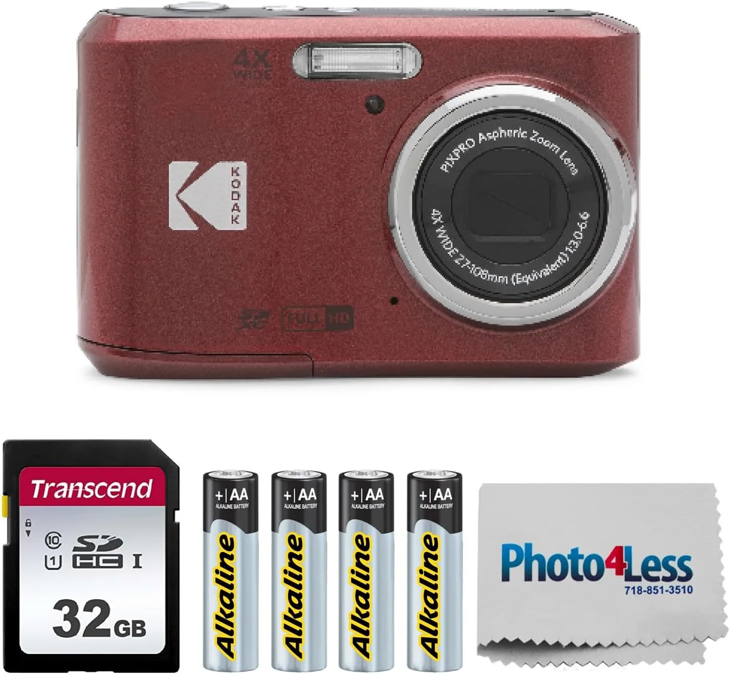 دوربین دیجیتال 16 مگاپیکسلی KODAK PIXPRO FZ45 با زوم اپتیکال 4X، زاویه دید عریض 27 میلی‌متری و صفحه نمایش LCD 2.7 اینچی، به همراه کارت حافظه SD 32 گیگابایتی، باتری قلمی (4 عدد)، پارچه تمیز کننده لنز (قرمز)
