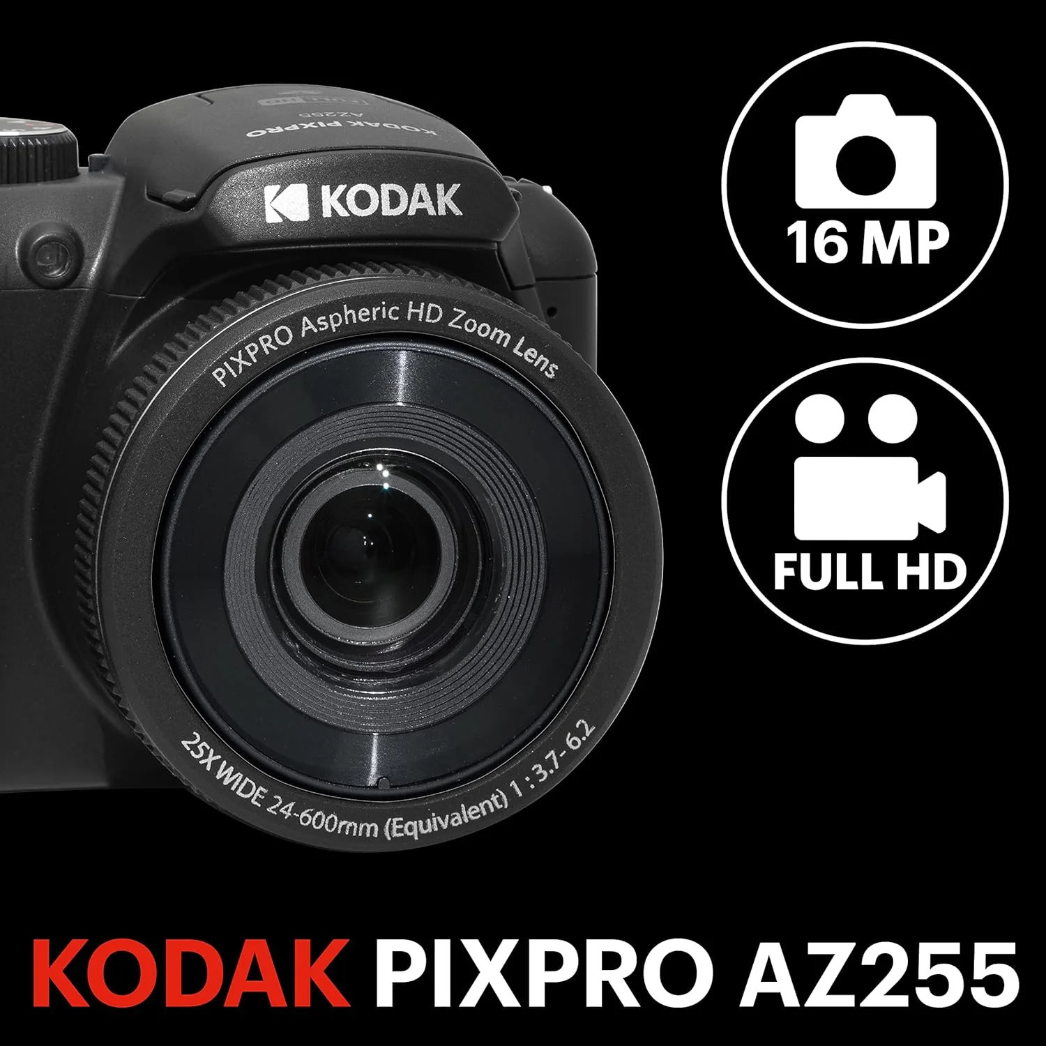 دوربین دیجیتال بریج KODAK Pixpro Astro Zoom AZ255 به همراه کارت حافظه SD 32 گیگابایتی - 16 مگاپیکسل، زوم 25 برابر، فیلمبرداری HD 1080p، زاویه دید عریض 24 میلی‌متر، صفحه نمایش LCD 3 اینچی، باتری AA - مشکی