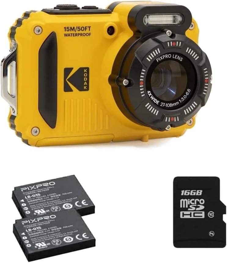 بسته دوربین دیجیتال کامپکت KODAK Pixpro Pack WPZ2 + 2 باتری + 1 کارت SD - 16 مگاپیکسل، ضد آب تا 15 متر، ضد ضربه، فیلمبرداری 720p، صفحه نمایش LCD 2.7 اینچی - باتری لیتیوم یونی - زرد