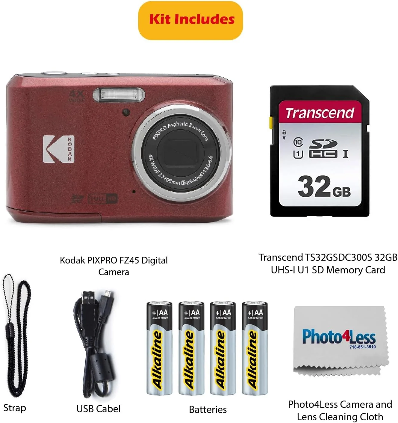 دوربین دیجیتال 16 مگاپیکسلی KODAK PIXPRO FZ45 با زوم اپتیکال 4X، زاویه دید عریض 27 میلی‌متری و صفحه نمایش LCD 2.7 اینچی، به همراه کارت حافظه SD 32 گیگابایتی، باتری قلمی (4 عدد)، پارچه تمیز کننده لنز (قرمز)