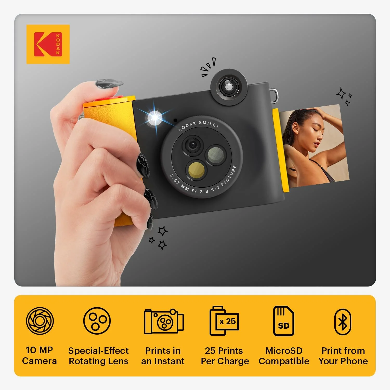 دوربین چاپ فوری دیجیتال و پرینتر عکس بلوتوث بی‌سیم 2 در 1 KODAK Smile+ - 10 مگاپیکسل، لنز چرخشی با جلوه‌های ویژه، عکس‌های چسبنده 2x3 اینچی Zink، چاپ از طریق برنامه سرگرم‌کننده از دستگاه‌های هوشمند - مشکی