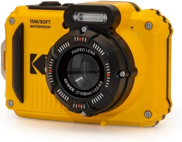 بسته دوربین دیجیتال کامپکت KODAK Pixpro Pack WPZ2 + 2 باتری + 1 کارت SD - 16 مگاپیکسل، ضد آب تا 15 متر، ضد ضربه، فیلمبرداری 720p، صفحه نمایش LCD 2.7 اینچی - باتری لیتیوم یونی - زرد
