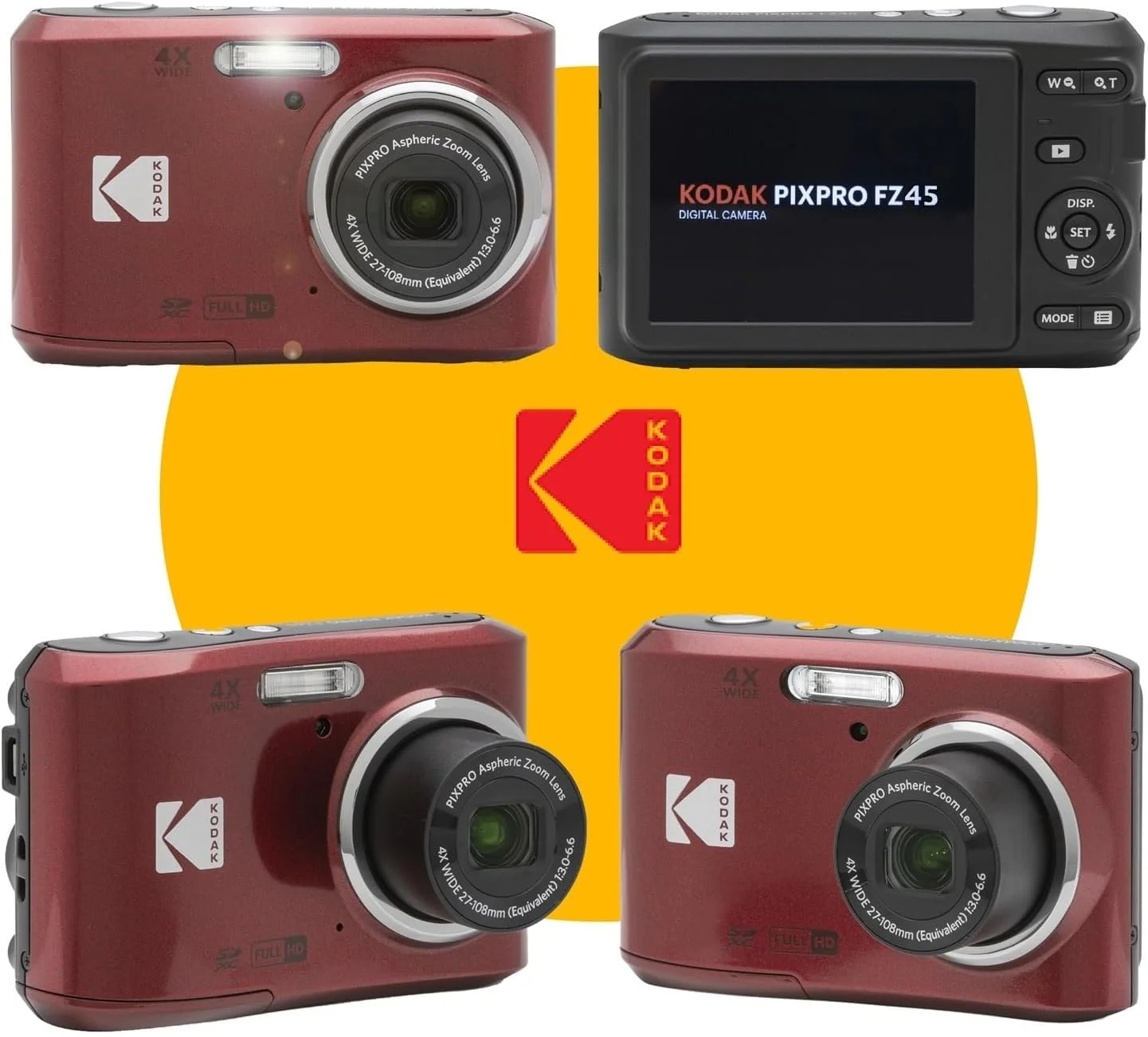 دوربین دیجیتال 16 مگاپیکسلی KODAK PIXPRO FZ45 با زوم اپتیکال 4X، زاویه دید عریض 27 میلی‌متری و صفحه نمایش LCD 2.7 اینچی، به همراه کارت حافظه SD 32 گیگابایتی، باتری قلمی (4 عدد)، پارچه تمیز کننده لنز (قرمز)