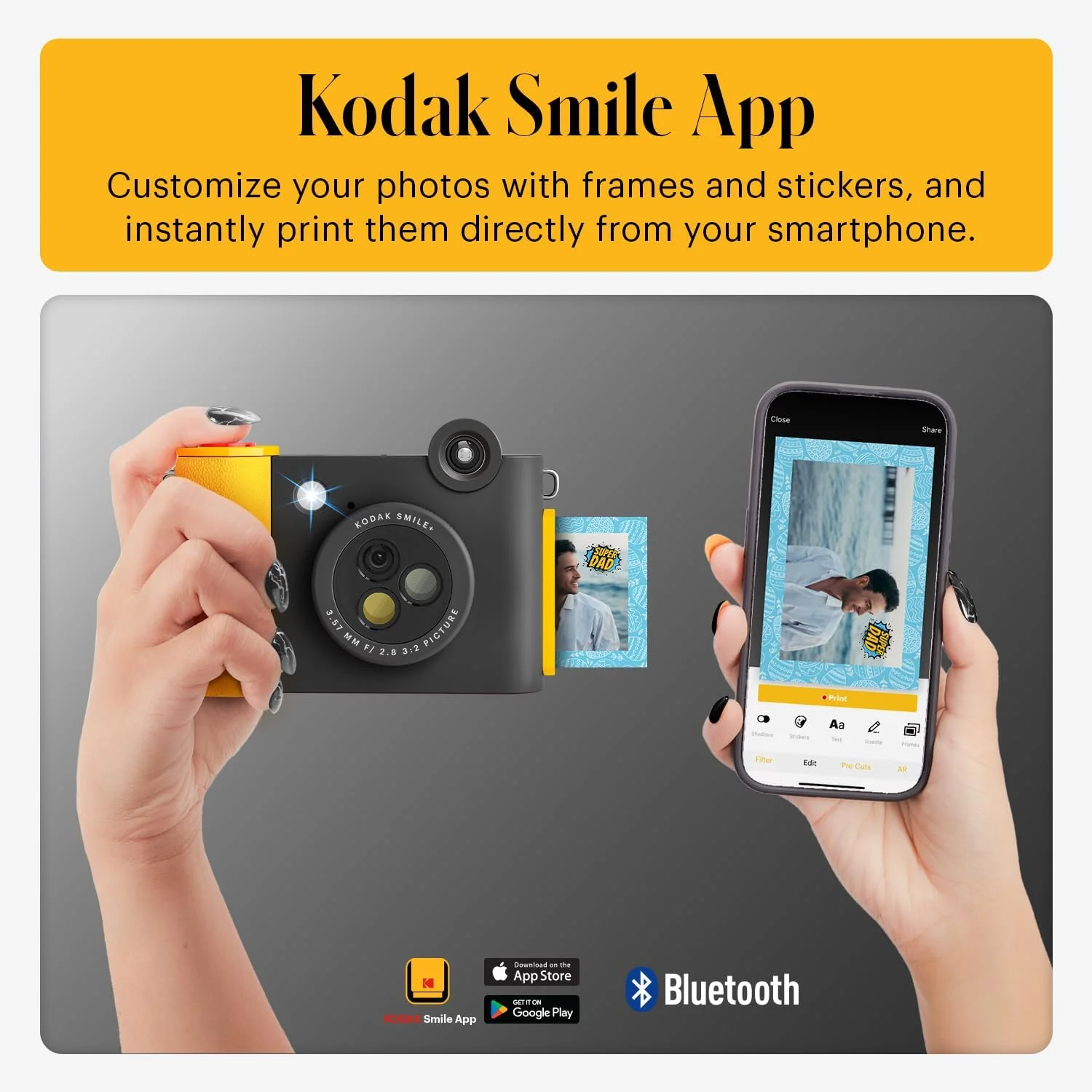 دوربین چاپ فوری دیجیتال و پرینتر عکس بلوتوث بی‌سیم 2 در 1 KODAK Smile+ - 10 مگاپیکسل، لنز چرخشی با جلوه‌های ویژه، عکس‌های چسبنده 2x3 اینچی Zink، چاپ از طریق برنامه سرگرم‌کننده از دستگاه‌های هوشمند - مشکی