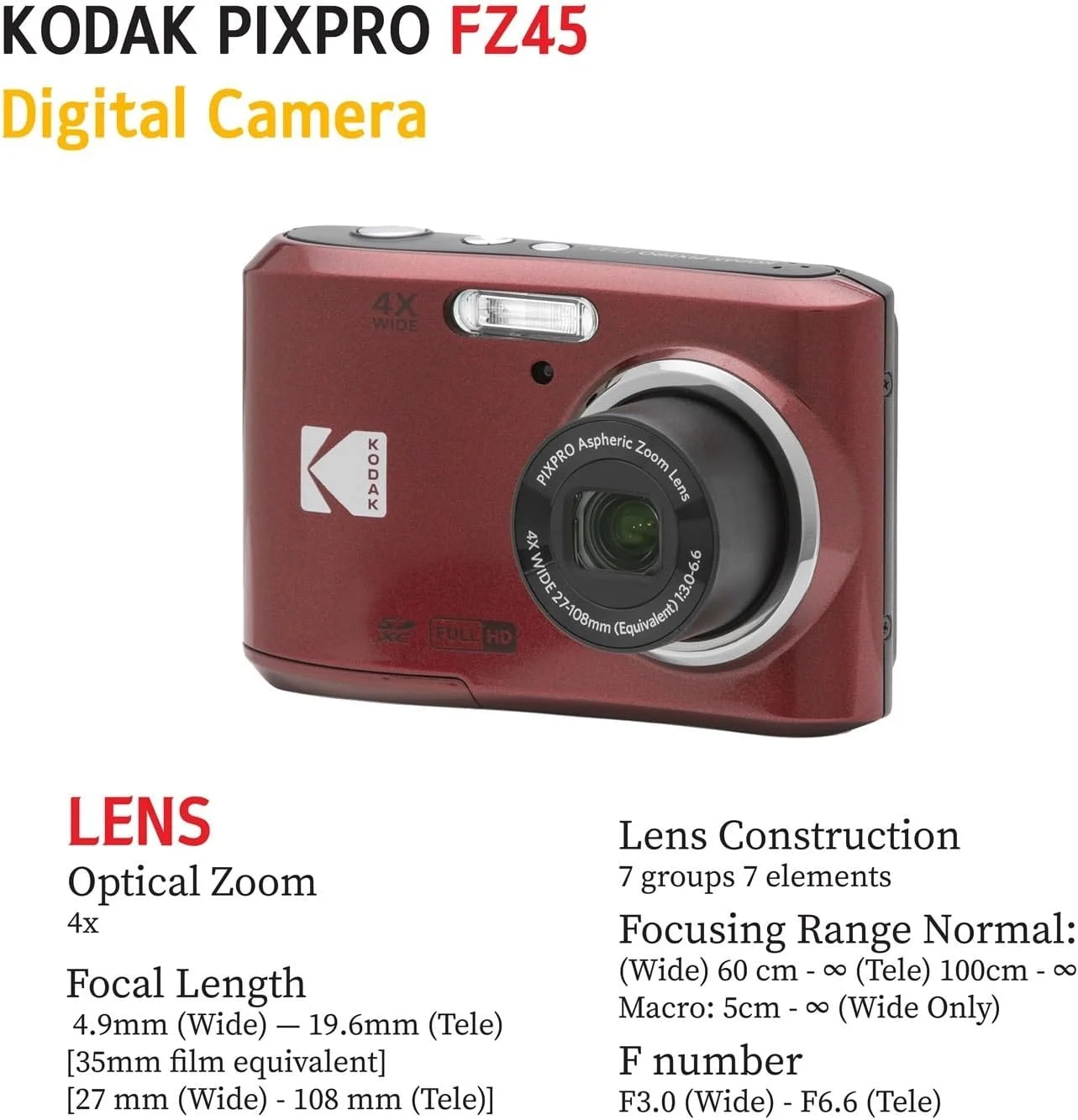 دوربین دیجیتال 16 مگاپیکسلی KODAK PIXPRO FZ45 با زوم اپتیکال 4X، زاویه دید عریض 27 میلی‌متری و صفحه نمایش LCD 2.7 اینچی، به همراه کارت حافظه SD 32 گیگابایتی، باتری قلمی (4 عدد)، پارچه تمیز کننده لنز (قرمز)