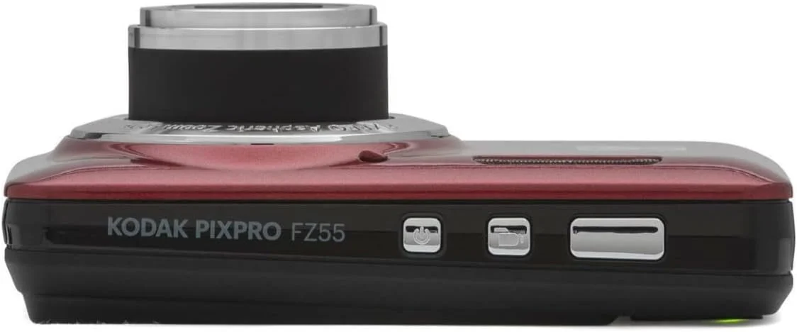 دوربین دیجیتال Kodak PIXPRO Friendly Zoom FZ55 (قرمز) به همراه کارت SD 32 گیگابایتی، کیف دوربین و شارژر مسافرتی باتری (4 قلم)