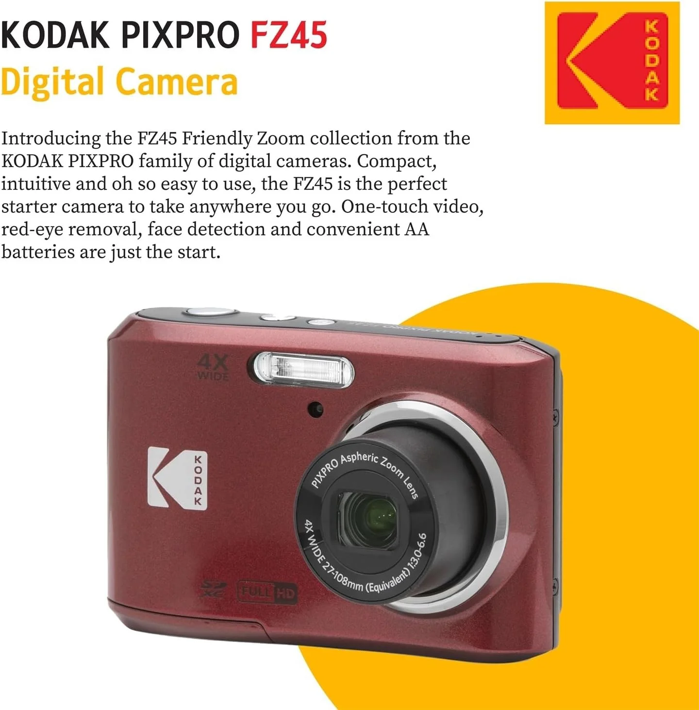 دوربین دیجیتال 16 مگاپیکسلی KODAK PIXPRO FZ45 با زوم اپتیکال 4X، زاویه دید عریض 27 میلی‌متری و صفحه نمایش LCD 2.7 اینچی، به همراه کارت حافظه SD 32 گیگابایتی، باتری قلمی (4 عدد)، پارچه تمیز کننده لنز (قرمز)
