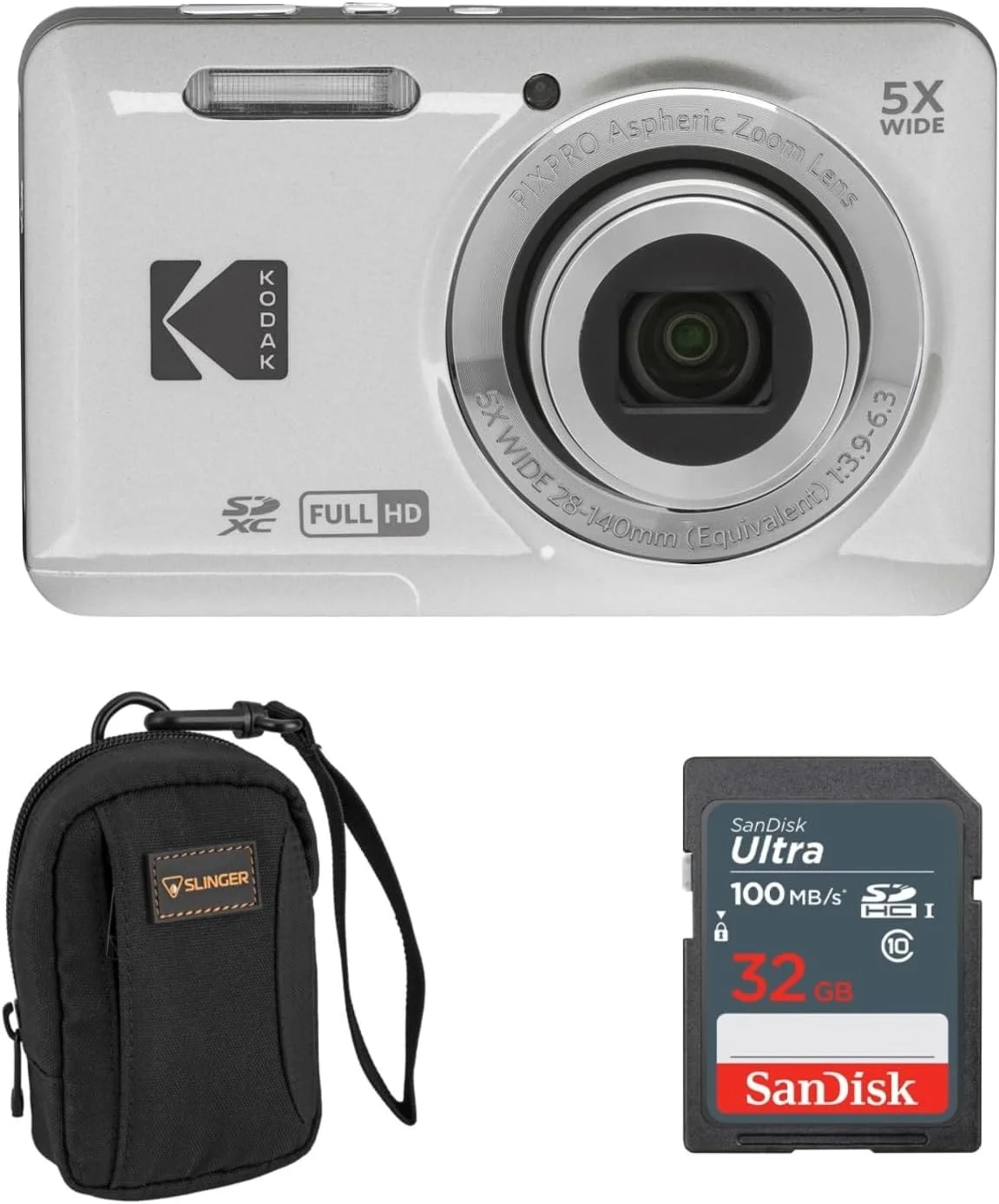 دوربین دیجیتال 16 مگاپیکسلی KODAK PIXPRO FZ55-SL با زوم اپتیکال 5X، زاویه دید عریض 28 میلی‌متری، فیلمبرداری Full HD 1080P، صفحه نمایش LCD 2.7 اینچی، مناسب برای ولاگ. همراه با کارت SD و کیف دوربین Slinger (نقره‌ای)