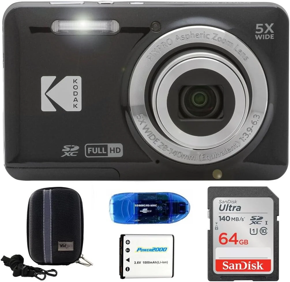 بسته دوربین دیجیتال KODAK Pixpro FZ55، شامل: کارت حافظه SanDisk 64GB SDXC، کیف دوربین هارد شل، کارت خوان SD و موارد دیگر (5 مورد) (مشکی)
