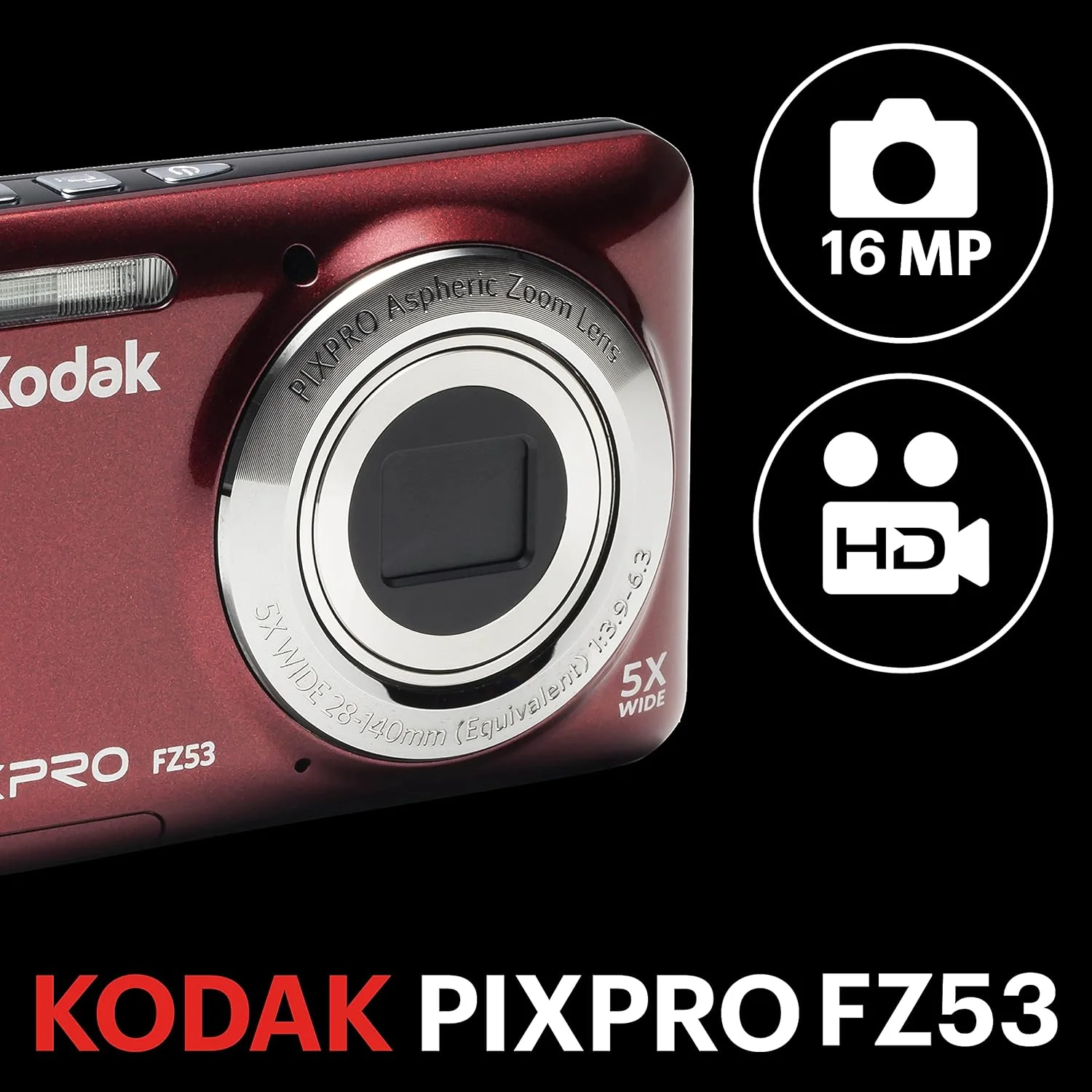 دوربین دیجیتال 16 مگاپیکسلی Kodak PIXPRO Friendly Zoom FZ53-RD با زوم اپتیکال 5X و صفحه نمایش LCD 2.7 اینچی (قرمز)
