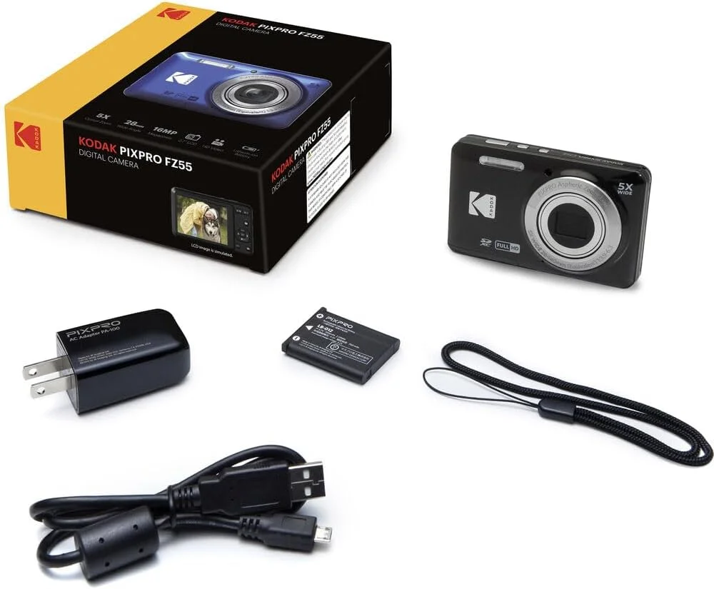 بسته دوربین دیجیتال KODAK Pixpro FZ55، شامل: کارت حافظه SanDisk 64GB SDXC، کیف دوربین هارد شل، کارت خوان SD و موارد دیگر (5 مورد) (مشکی)
