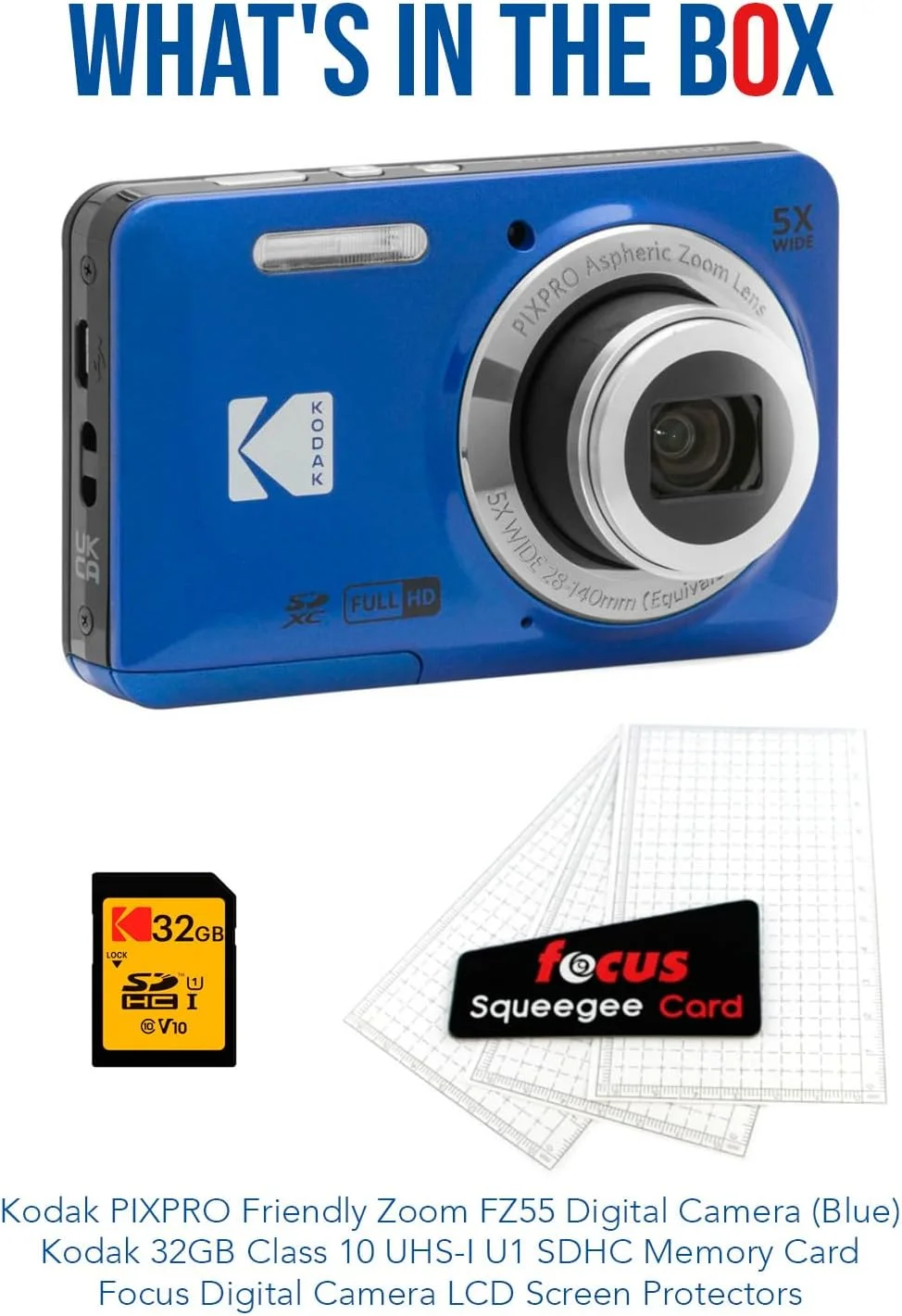 دوربین دیجیتال Kodak PIXPRO Friendly Zoom FZ55 (آبی) به همراه کارت حافظه 32 گیگابایتی و محافظ صفحه نمایش LCD دوربین دیجیتال (3 قلم)