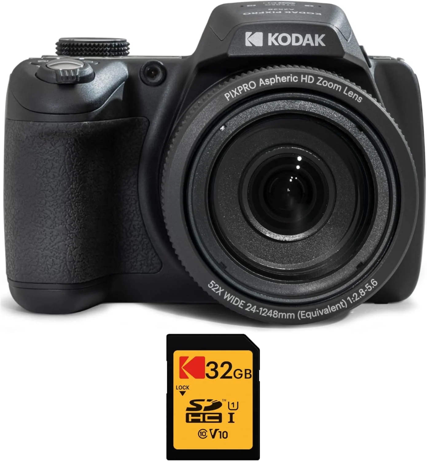 دوربین دیجیتال Kodak PIXPRO AZ528 16MP Astro Zoom با زوم 52x و نمایشگر LCD 3 اینچی (مشکی) به همراه کارت حافظه 32 گیگابایتی Class 10 UHS-I U1 SDHC (2 قطعه)