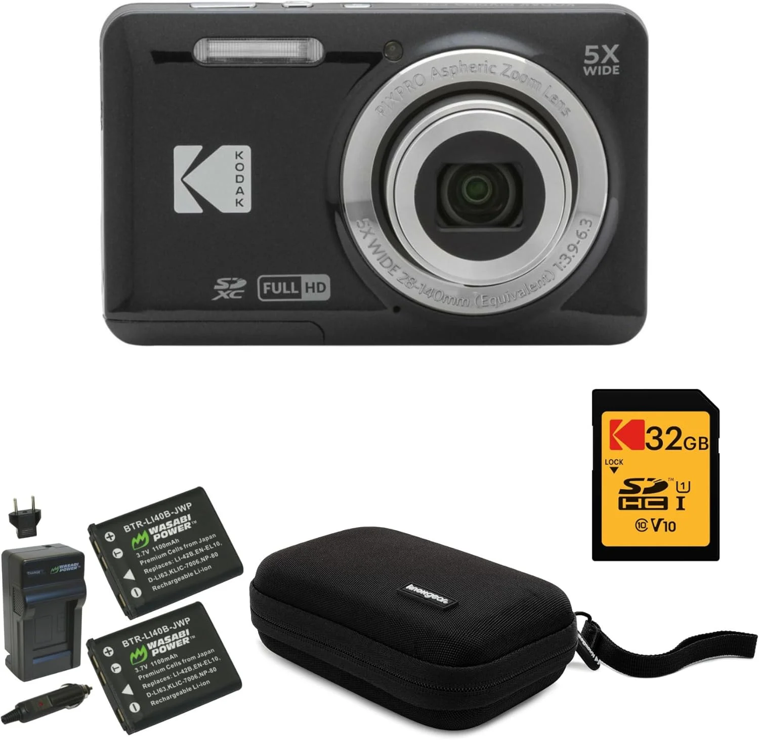 دوربین دیجیتال Kodak PIXPRO Friendly Zoom FZ55 (مشکی) به همراه کارت SD 32 گیگابایتی، کیف دوربین و شارژر مسافرتی باتری (4 قلم)