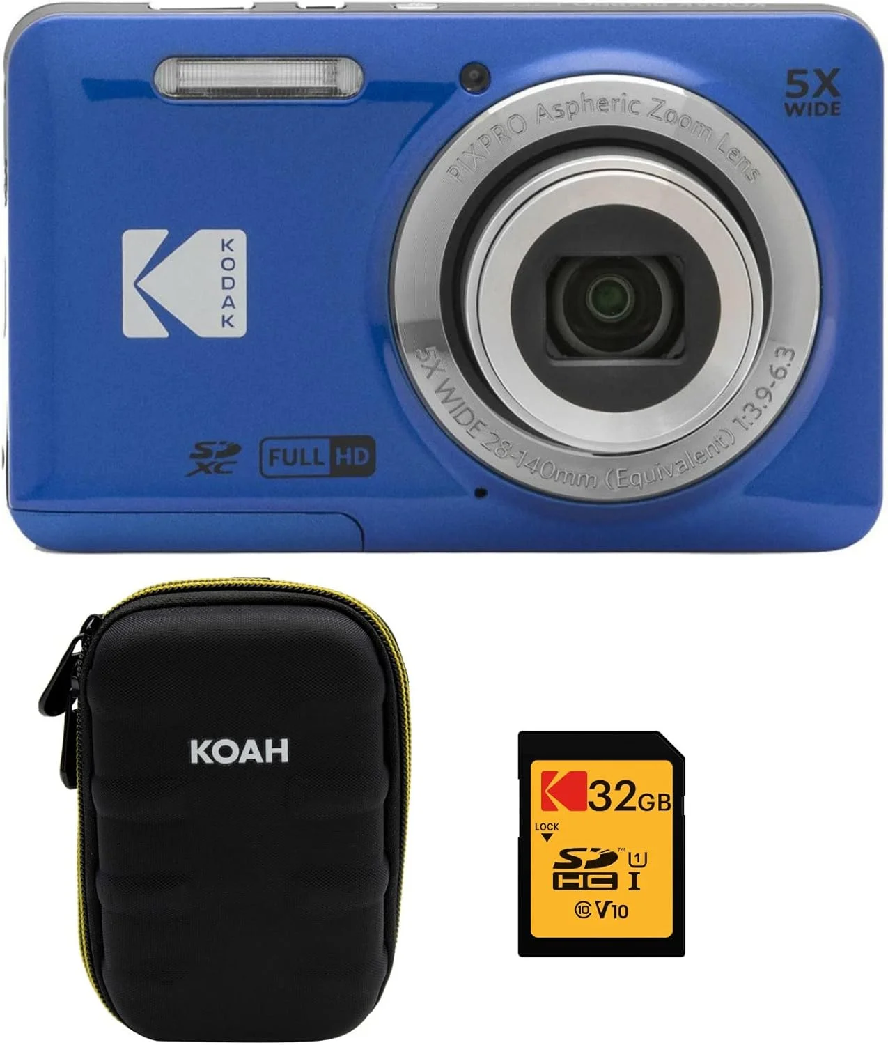 دوربین دیجیتال 16 مگاپیکسلی KODAK PIXPRO Friendly Zoom FZ55-BL با زوم اپتیکال 5X، زاویه دید عریض 28 میلی‌متری و صفحه نمایش LCD 2.7 اینچی (آبی) همراه با کیف محافظ، کارت حافظه 32 گیگابایتی (3 قطعه)