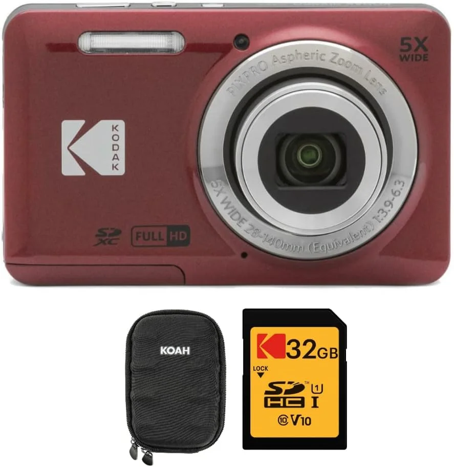 دوربین دیجیتال Kodak PIXPRO Friendly Zoom FZ55 (قرمز) به همراه کیف سخت و کارت حافظه SD 32 گیگابایتی (3 قلم)