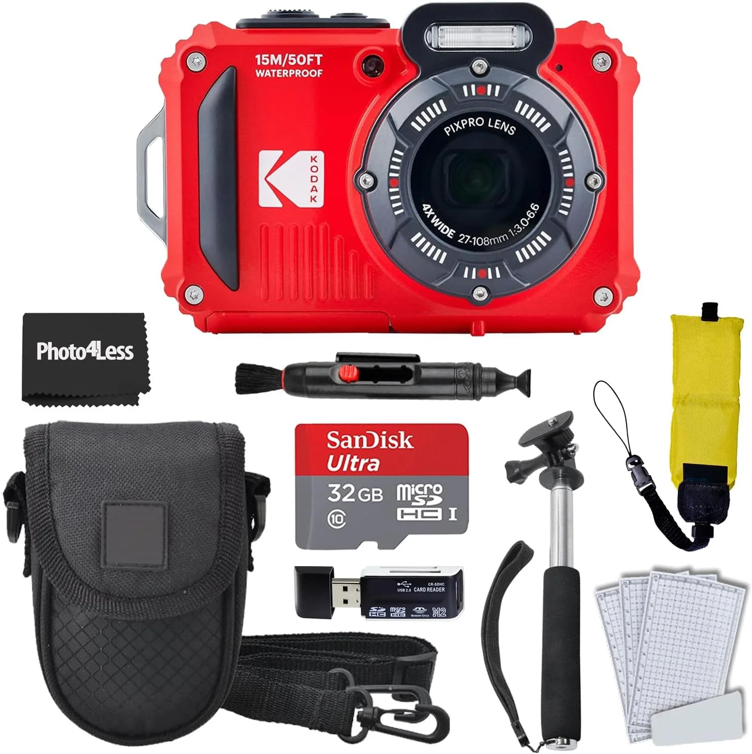 دوربین دیجیتال ضد آب و مقاوم KODAK PIXPRO WPZ2، بسته قرمز همراه با کیف، تک پایه، کارت خوان و موارد دیگر (9 قطعه)