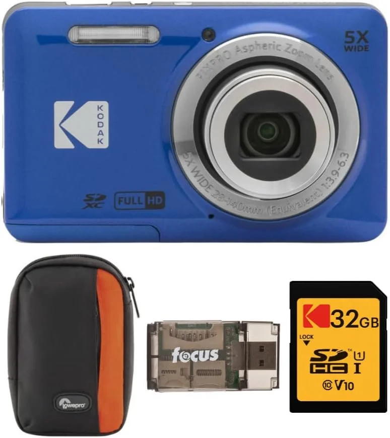 دوربین دیجیتال Kodak PIXPRO Zoom FZ55 (آبی) به همراه کیف دوربین، کارت حافظه 32 گیگابایتی UHS-I U1 SDHC و کارت خوان USB 2.0 (4 قلم)