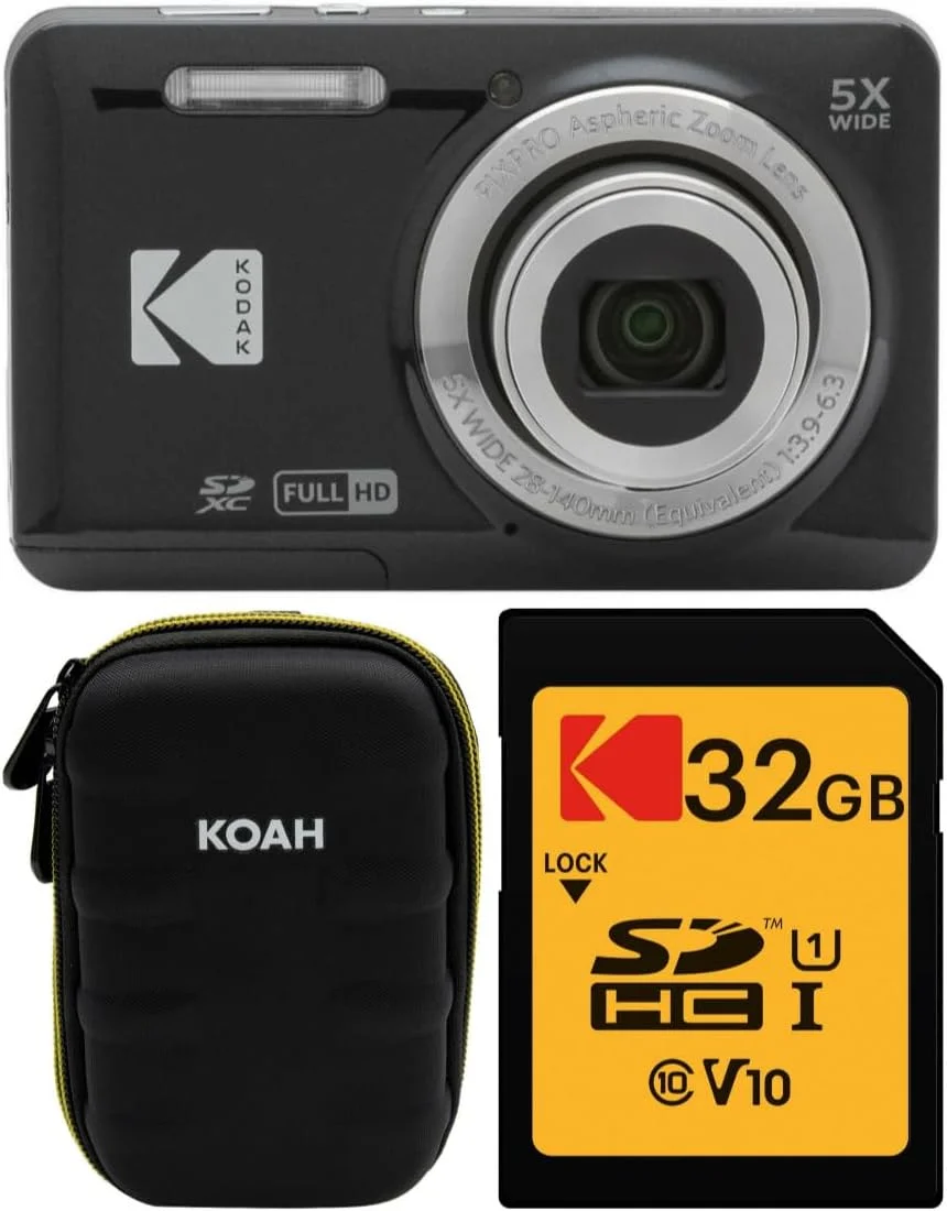 دوربین دیجیتال Kodak PIXPRO Friendly Zoom FZ55 (مشکی) به همراه کیف دوربین های کامپکت و کارت حافظه 32 گیگابایتی Kodak Class 10 UHS-I U1 SDHC (3 قطعه)