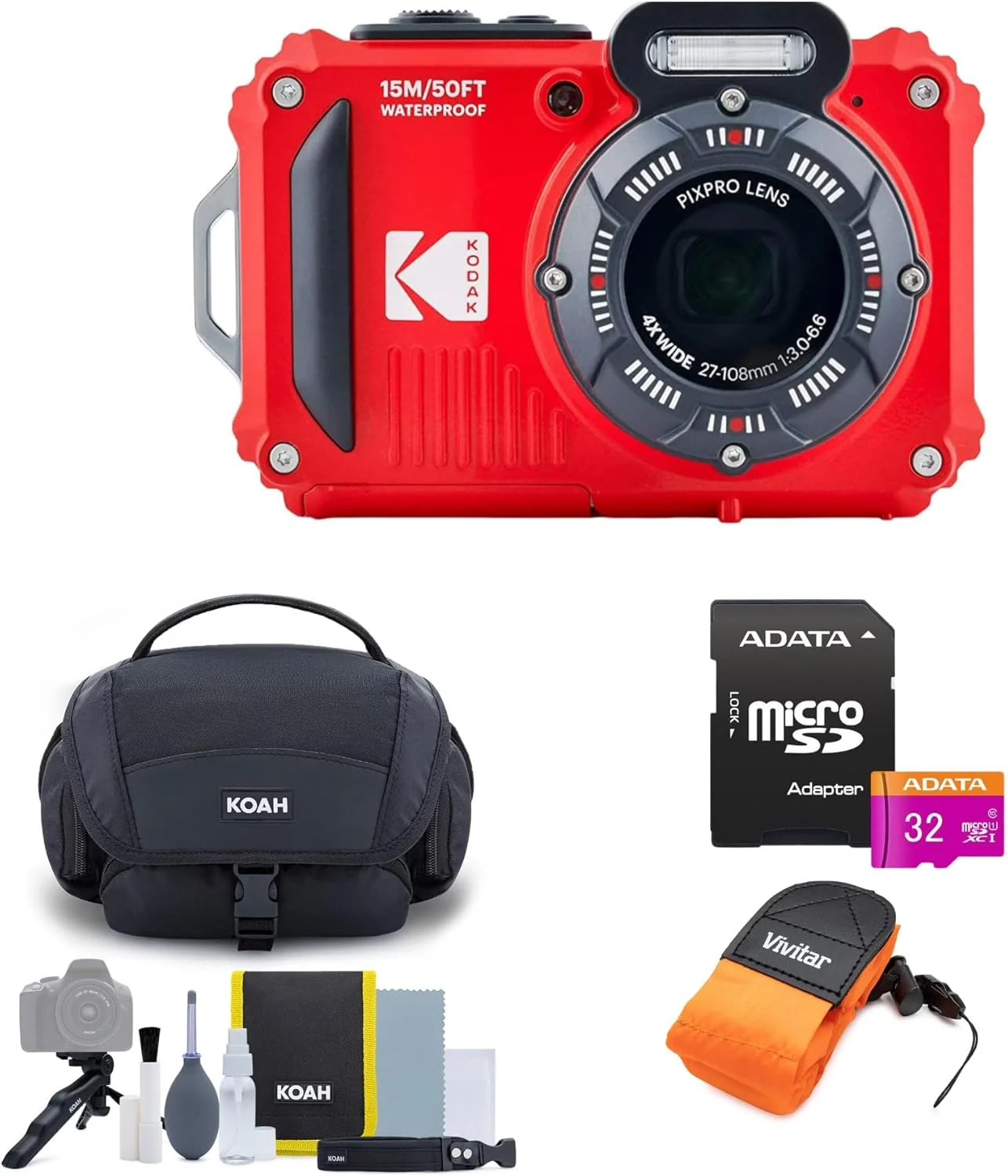 دوربین دیجیتال 16 مگاپیکسلی مقاوم و ضد آب Kodak PIXPRO WPZ2 با زوم اپتیکال 4X (قرمز) به همراه کیف لوازم جانبی و کیت لوازم جانبی، کارت حافظه 32 گیگابایتی UHS-I microSDHC و بند شناور (4 قلم)