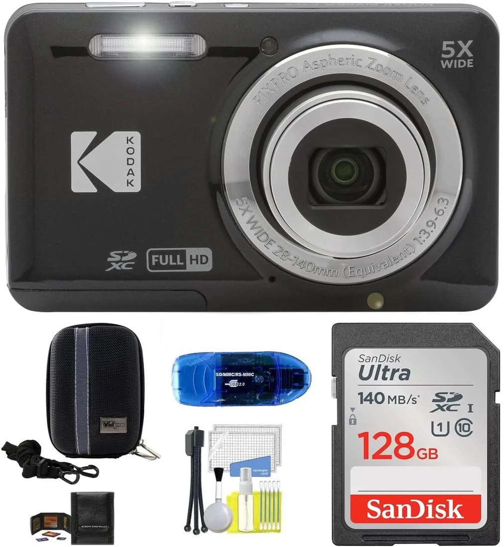 دوربین دیجیتال Kodak Pixpro FZ55 (مشکی) همراه با کارت حافظه 128 گیگابایتی SanDisk، کیف دوربین هارد شل، کارت خوان SD و موارد دیگر (6 قطعه)