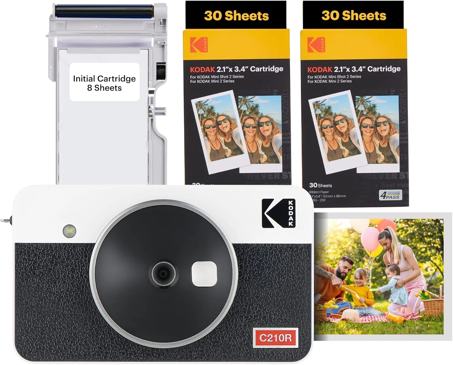 دوربین دیجیتال فوری و چاپگر عکس KODAK Mini Shot 2 Retro 4PASS 2 در 1 (2.1x3.4 اینچ) به همراه 8 شیت اولیه + بسته 30 شیت، سفید