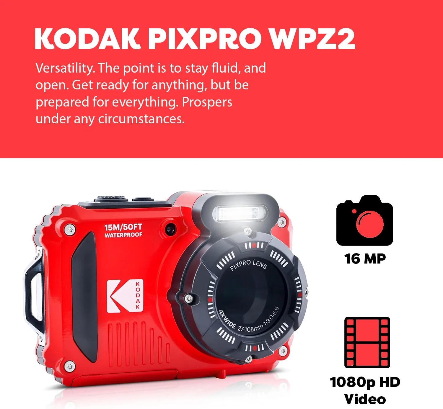 دوربین دیجیتال ضد آب و مقاوم KODAK PIXPRO WPZ2، بسته قرمز همراه با کیف، تک پایه، کارت خوان و موارد دیگر (9 قطعه) دوربین دیجیتال ضد آب و مقاوم KODAK PIXPRO WPZ2، بسته قرمز همراه با کیف، تک پایه، کارت خوان و موارد دیگر (9 قطعه)
