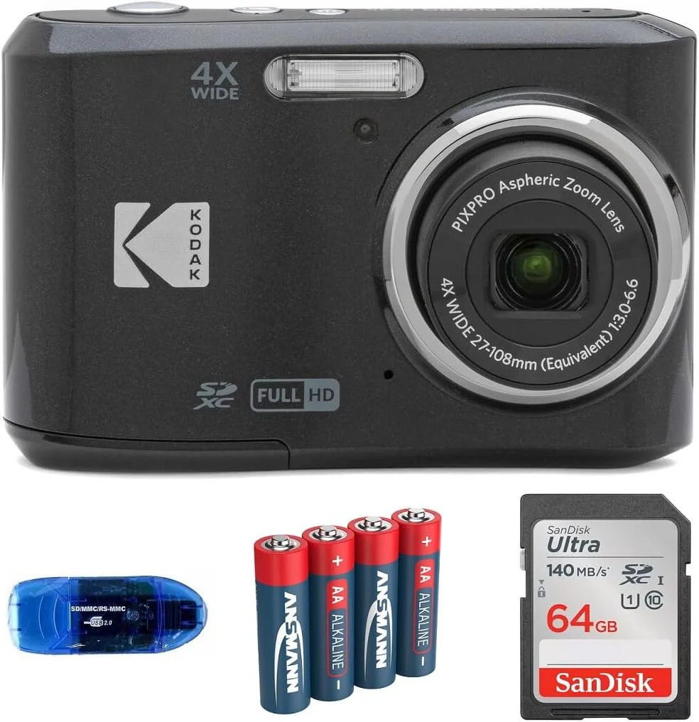 بسته دوربین دیجیتال KODAK Pixpro FZ45، شامل: کارت حافظه SanDisk 64GB SDXC، باتری های اضافی و کارت خوان (4 قطعه) (مشکی)