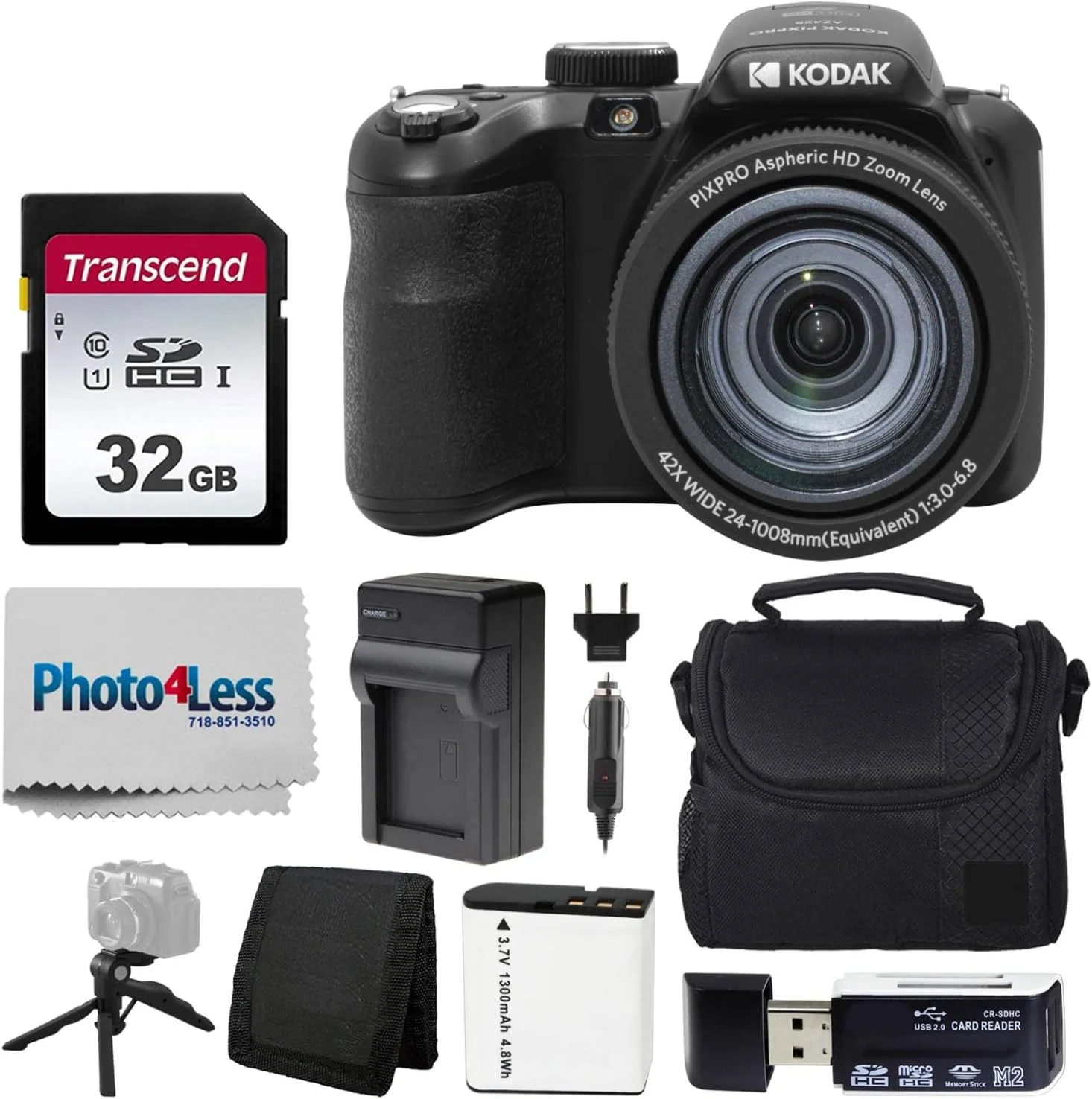 دوربین دیجیتال Kodak PIXPRO AZ425 + کارت حافظه 32 گیگابایتی + کیف دوربین (مشکی) + باتری + شارژر + کارت خوان USB + سه پایه رومیزی + لوازم جانبی (مشکی)