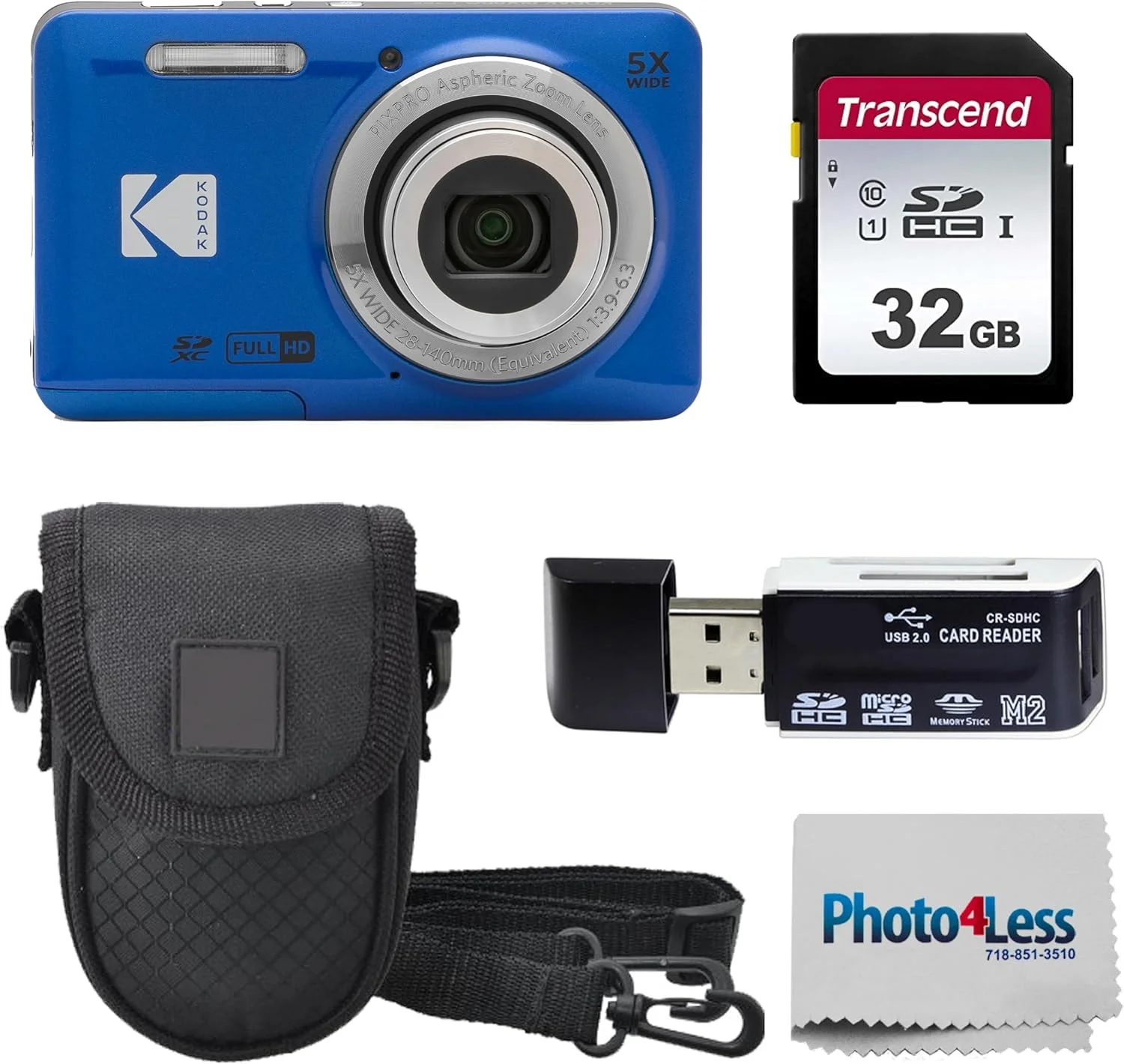 دوربین دیجیتال کامپکت 16 مگاپیکسلی KODAK PIXPRO FZ55، زوم اپتیکال 5X، زاویه دید عریض 28 میلی‌متری، فیلمبرداری Full HD 1080P، به همراه کارت SD 32 گیگابایتی، کیف محافظ و کارت‌خوان پرسرعت (آبی)