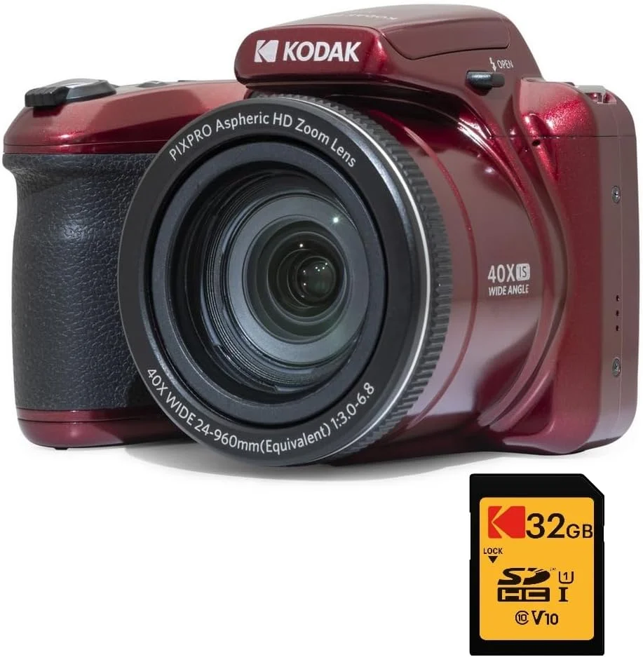 دوربین دیجیتال پل KODAK Pixpro Astro Zoom AZ405 + کارت SDHC کداک سرعت فوق العاده بالا U1 32 گیگابایت - دوربین 20 مگاپیکسل زوم 40X زاویه باز LCD فیلمبرداری Full HD 1080p OIS باتری AA - قرمز