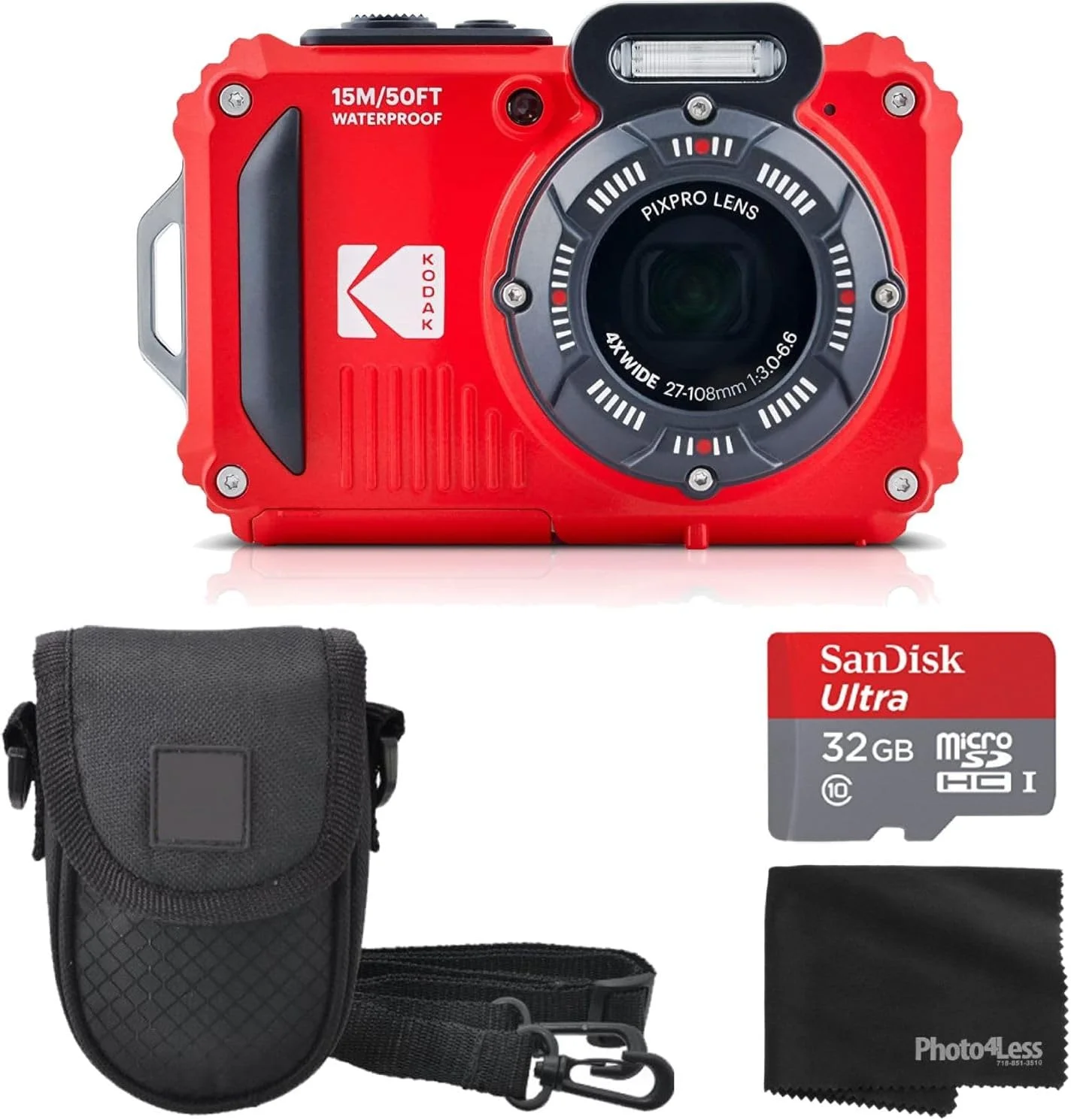 دوربین دیجیتال مقاوم در برابر آب و ضربه Kodak PIXPRO WPZ2 با زوم اپتیکال 4X، کیفیت 16 مگاپیکسل، فیلمبرداری Full HD 1080P، صفحه نمایش 2.7 اینچی LCD (قرمز) به همراه کیف دوربین، کارت حافظه SanDisk 32GB microSDHC (4 قطعه)