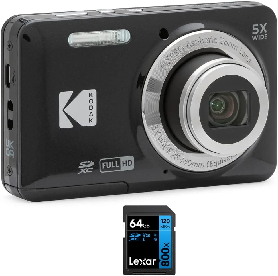 بسته دوربین دیجیتال مشکی Kodak FZ55BK PIXPRO FZ55 به همراه کارت حافظه 64 گیگابایتی Lexar High-Performance 800x UHS-I SDHC سری آبی