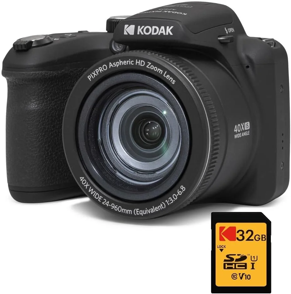 دوربین دیجیتال پل KODAK Pixpro Astro Zoom AZ405 + کارت SDHC کداک سرعت فوق العاده بالا U1 32 گیگابایت - دوربین 20 مگاپیکسل، زوم X40، زاویه دید عریض، LCD، فیلم Full HD 1080p، OIS، باتری AA - مشکی