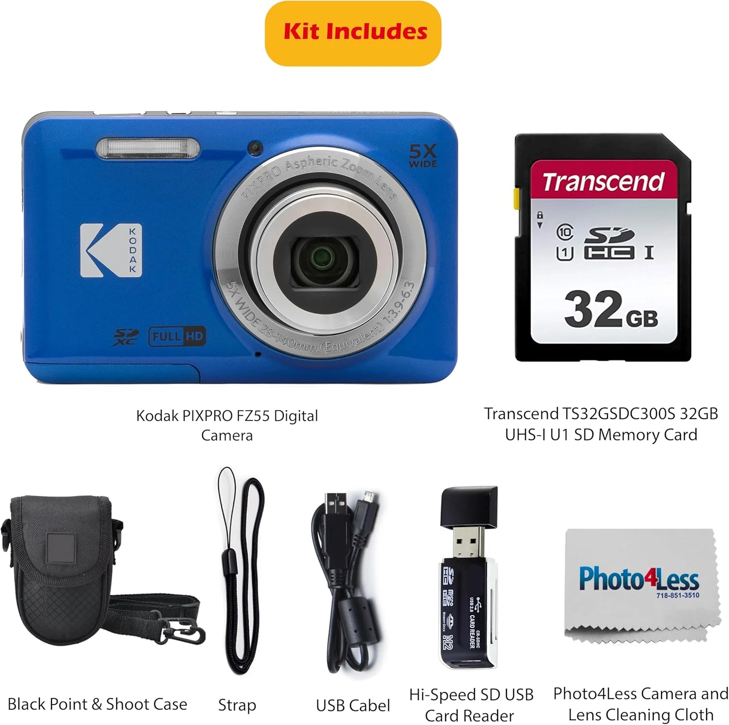 دوربین دیجیتال کامپکت 16 مگاپیکسلی KODAK PIXPRO FZ55، زوم اپتیکال 5X، زاویه دید عریض 28 میلی‌متری، فیلمبرداری Full HD 1080P، به همراه کارت SD 32 گیگابایتی، کیف محافظ و کارت‌خوان پرسرعت (آبی)