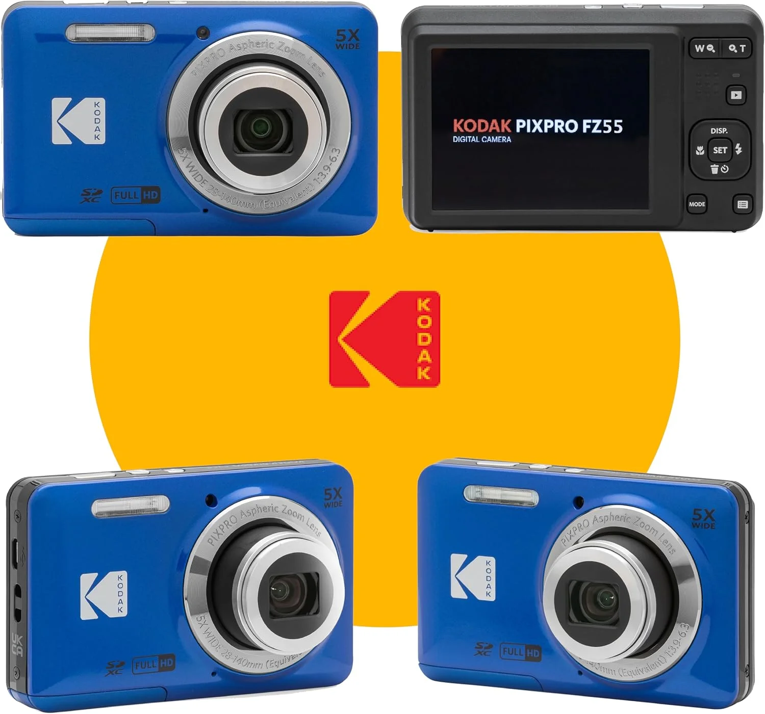 دوربین دیجیتال کامپکت 16 مگاپیکسلی KODAK PIXPRO FZ55، زوم اپتیکال 5X، زاویه دید عریض 28 میلی‌متری، فیلمبرداری Full HD 1080P، به همراه کارت SD 32 گیگابایتی، کیف محافظ و کارت‌خوان پرسرعت (آبی)