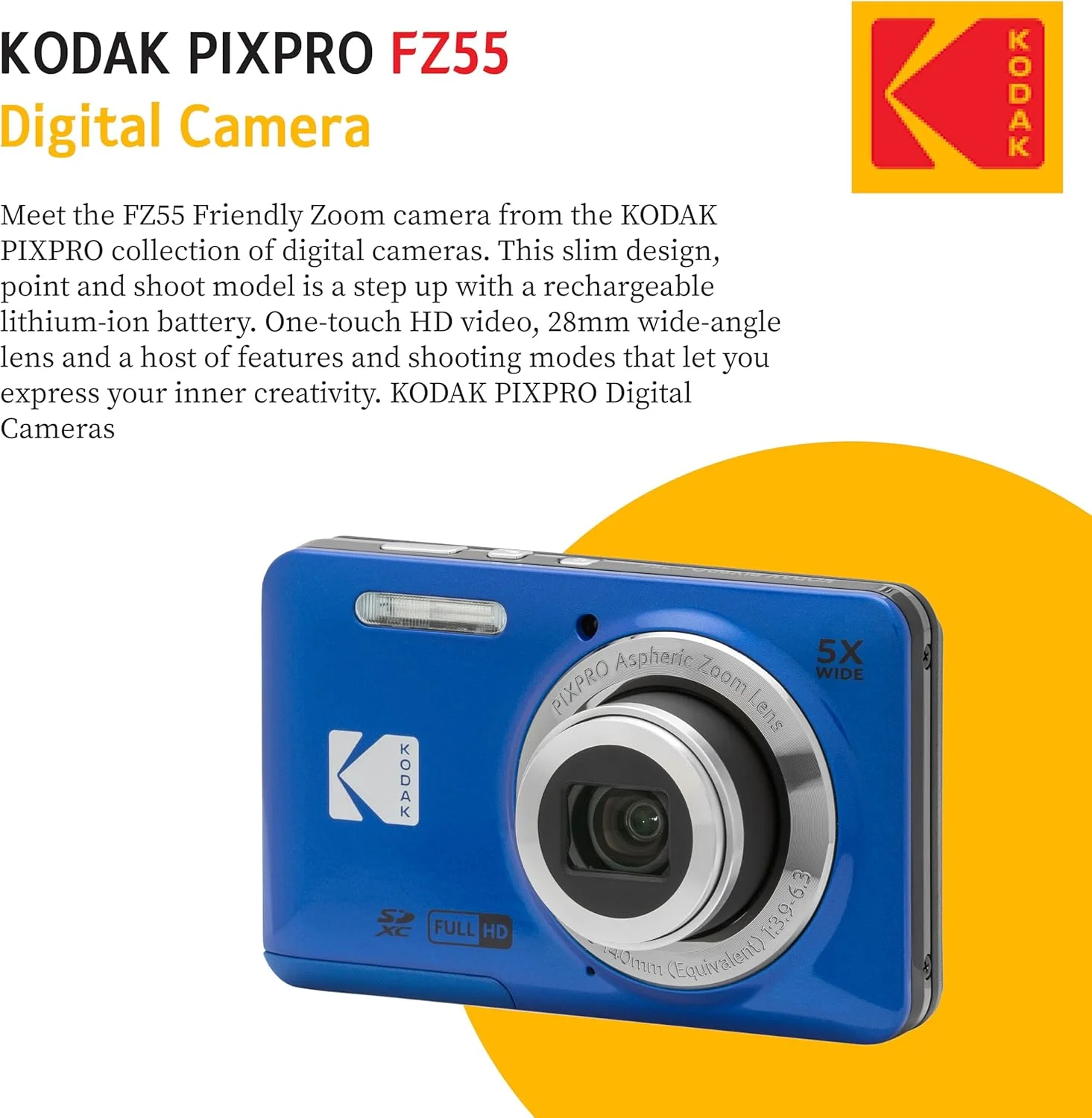 دوربین دیجیتال کامپکت 16 مگاپیکسلی KODAK PIXPRO FZ55، زوم اپتیکال 5X، زاویه دید عریض 28 میلی‌متری، فیلمبرداری Full HD 1080P، به همراه کارت SD 32 گیگابایتی، کیف محافظ و کارت‌خوان پرسرعت (آبی)