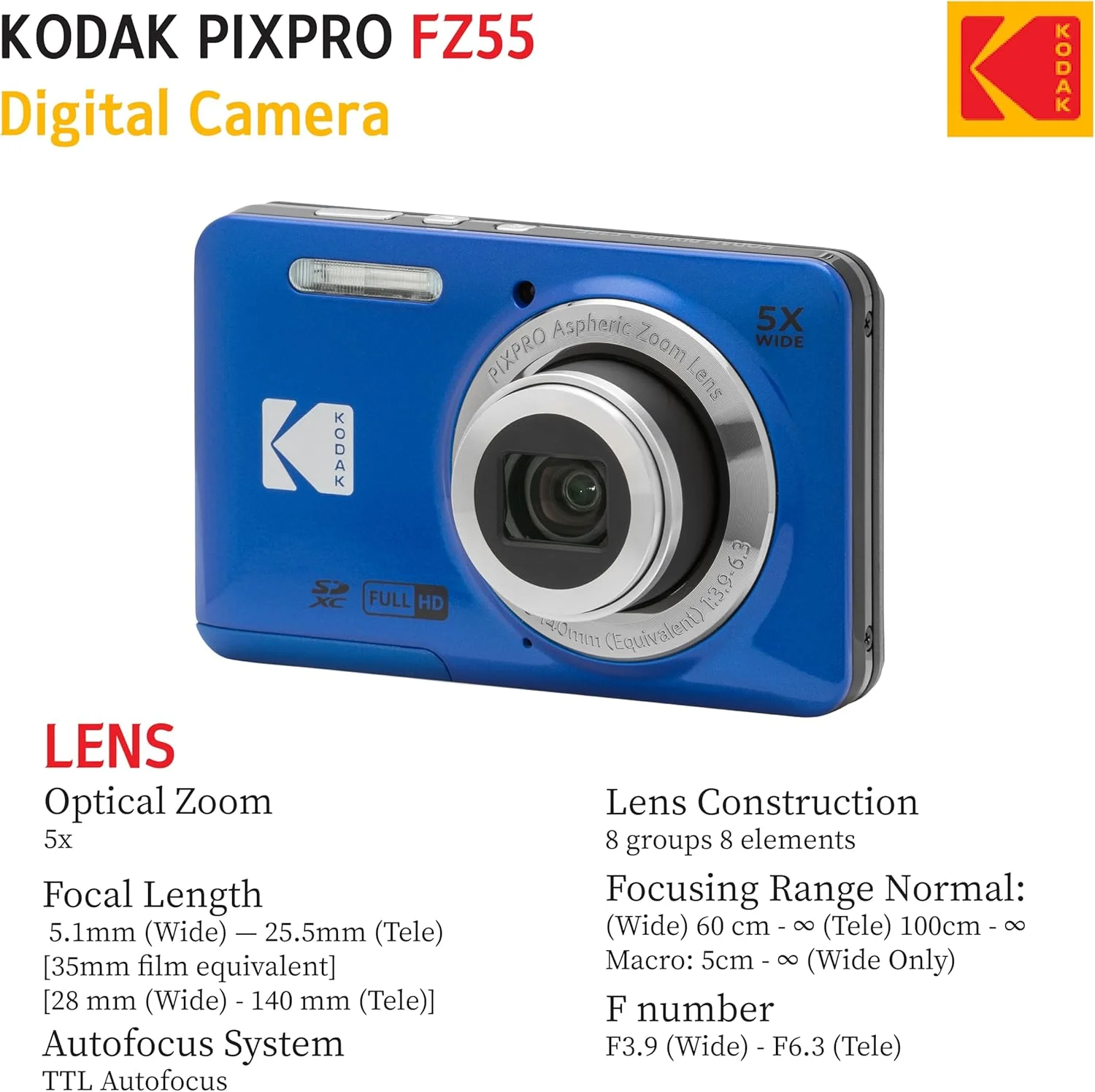دوربین دیجیتال کامپکت 16 مگاپیکسلی KODAK PIXPRO FZ55، زوم اپتیکال 5X، زاویه دید عریض 28 میلی‌متری، فیلمبرداری Full HD 1080P، به همراه کارت SD 32 گیگابایتی، کیف محافظ و کارت‌خوان پرسرعت (آبی)