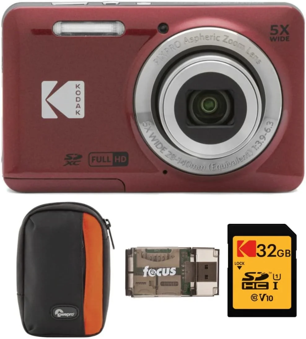دوربین دیجیتال Kodak PIXPRO Friendly Zoom FZ55 (قرمز) به همراه کیف دوربین، کارت حافظه 32 گیگابایتی Class 10 UHS-I U1 SDHC و کارت خوان USB 2.0 (4 قلم)