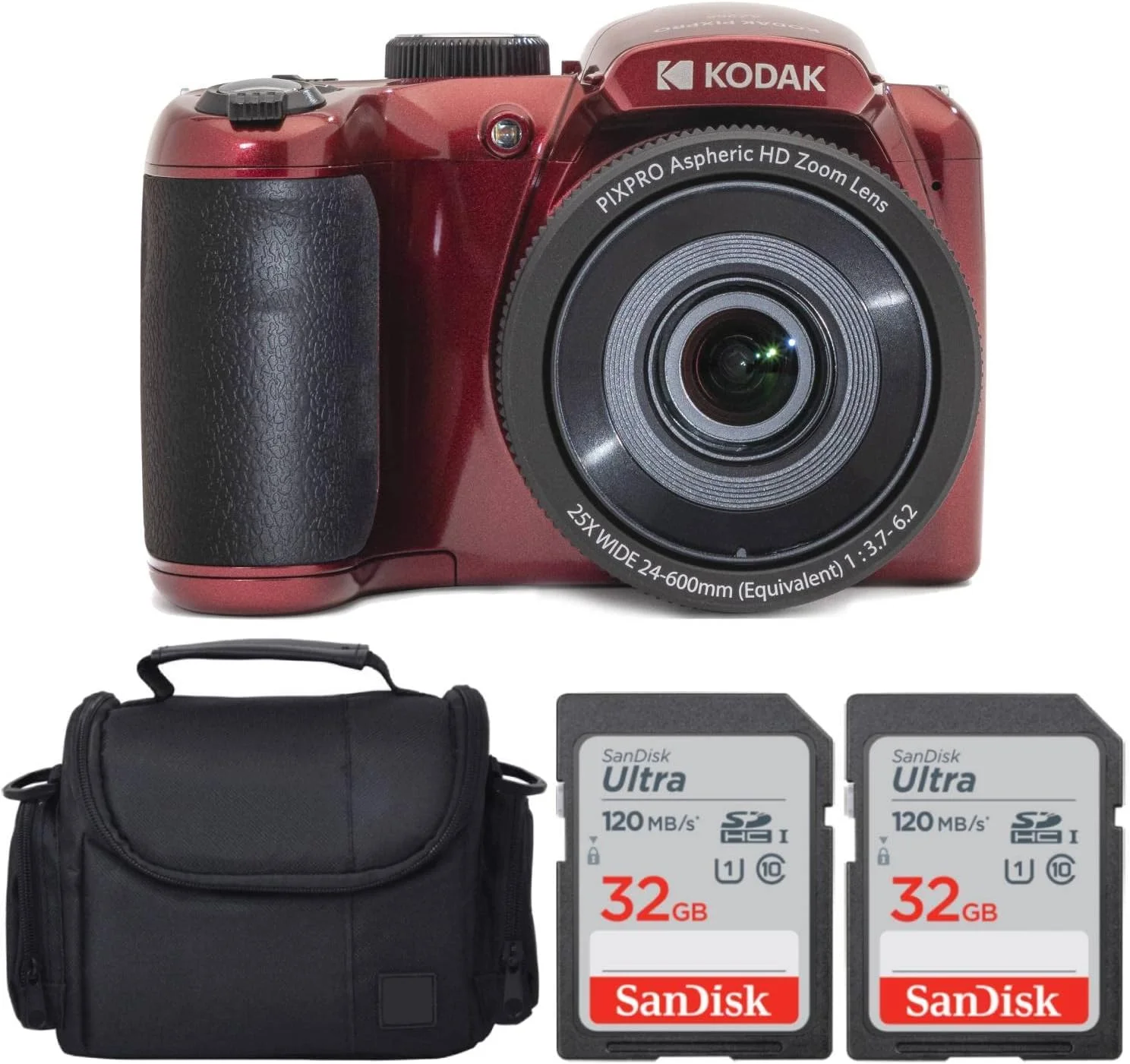 دوربین دیجیتال Kodak PIXPRO AZ255 + کارت حافظه SanDisk 32GB (2 عدد) + کیف دوربین دیجیتال/فیلمبرداری (قرمز)
