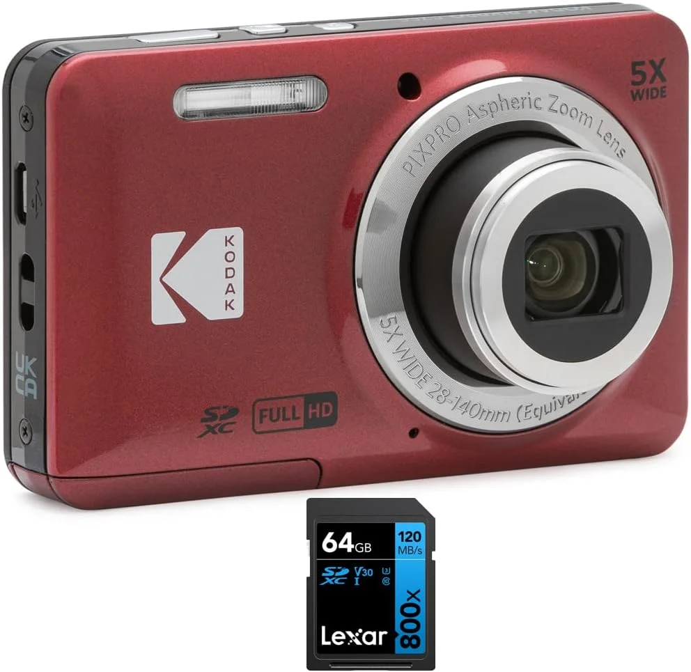 دوربین دیجیتال کوداک FZ55RD PIXPRO قرمز همراه با کارت حافظه 64 گیگابایتی Lexar High-Performance 800x UHS-I SDHC سری آبی