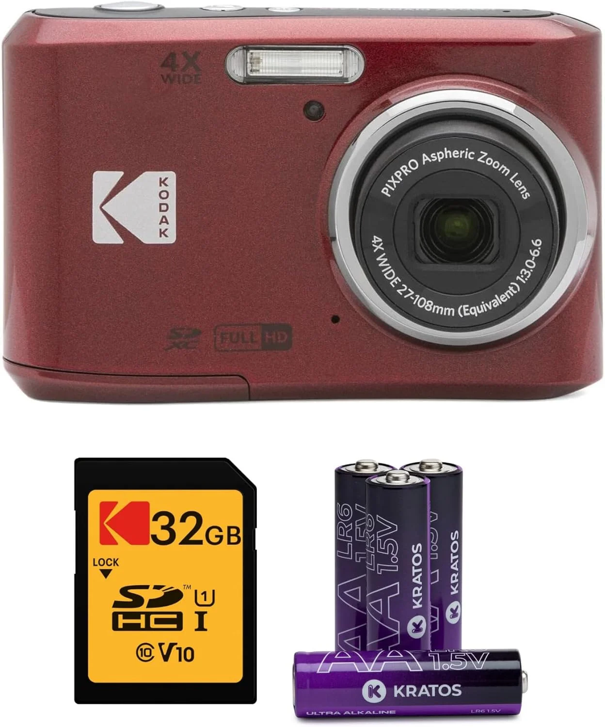 دوربین دیجیتال Kodak PIXPRO FZ45 (قرمز) به همراه کارت حافظه 32 گیگابایتی Class 10 UHS-I U1 SDHC و باتری های آلکالاین AA با کارایی بالا (بسته 4 عددی) (3 قلم کالا)