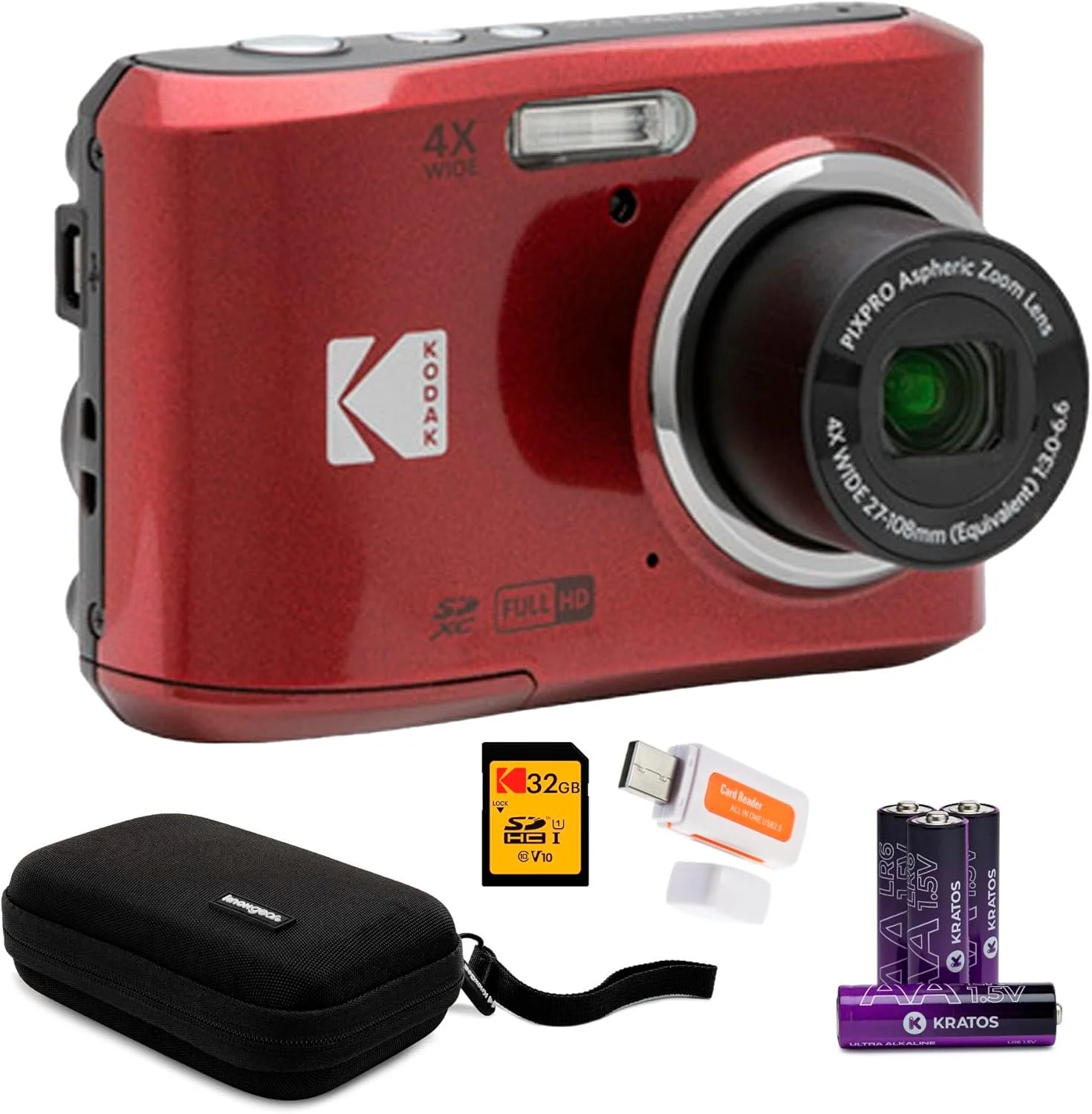 دوربین دیجیتال Kodak PIXPRO FZ45 Friendly Zoom (قرمز) همراه با کارت حافظه 32 گیگابایتی، کیف لوازم جانبی و کیف نگهداری، باتری های آلکالاین و کارت خوان SD (5 قطعه)