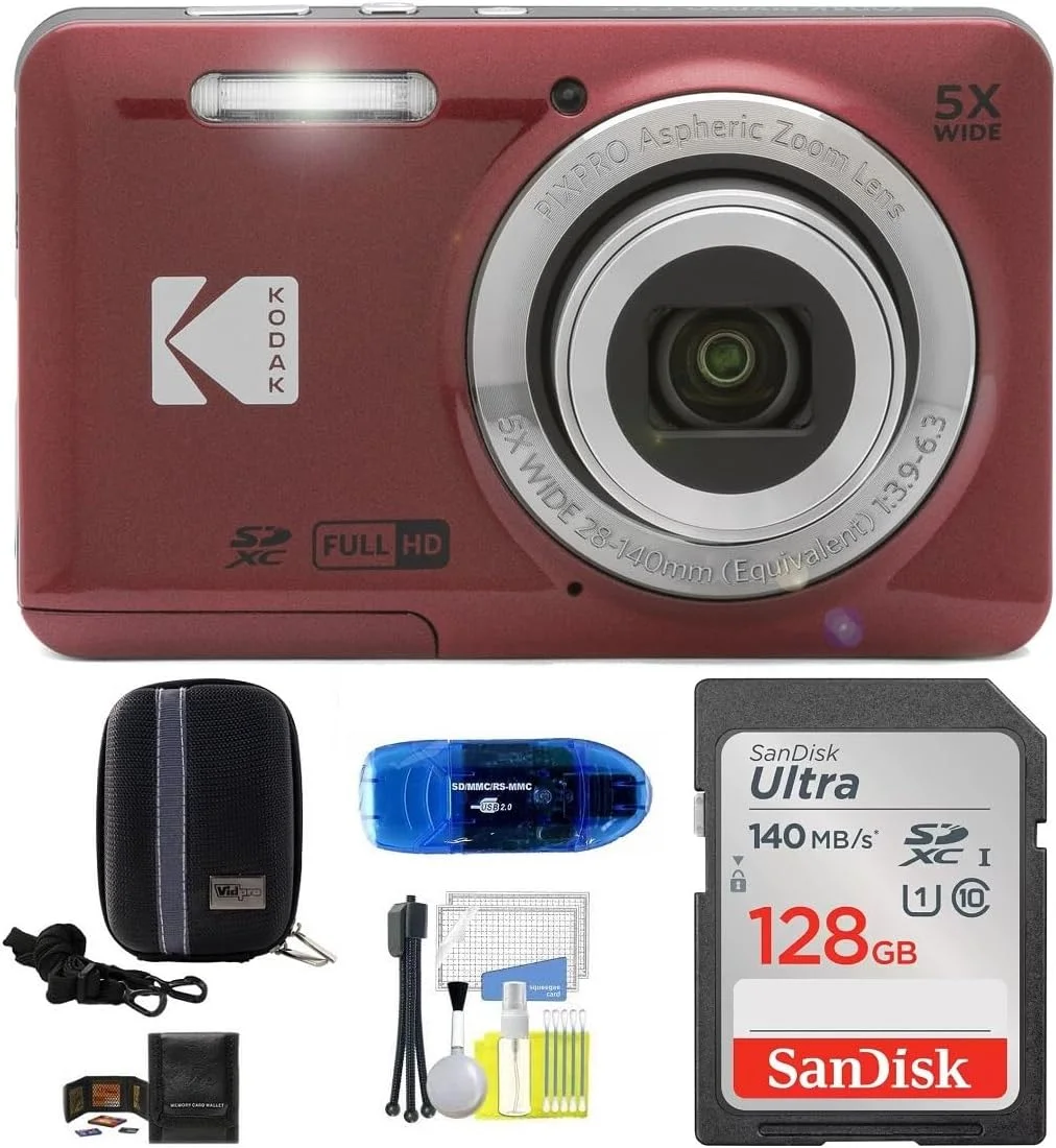 بسته دوربین دیجیتال Kodak Pixpro FZ55 شامل: کارت حافظه SanDisk 128 گیگابایتی، کیف دوربین هارد شل، کارت خوان SD و موارد دیگر (6 قلم) (قرمز)
