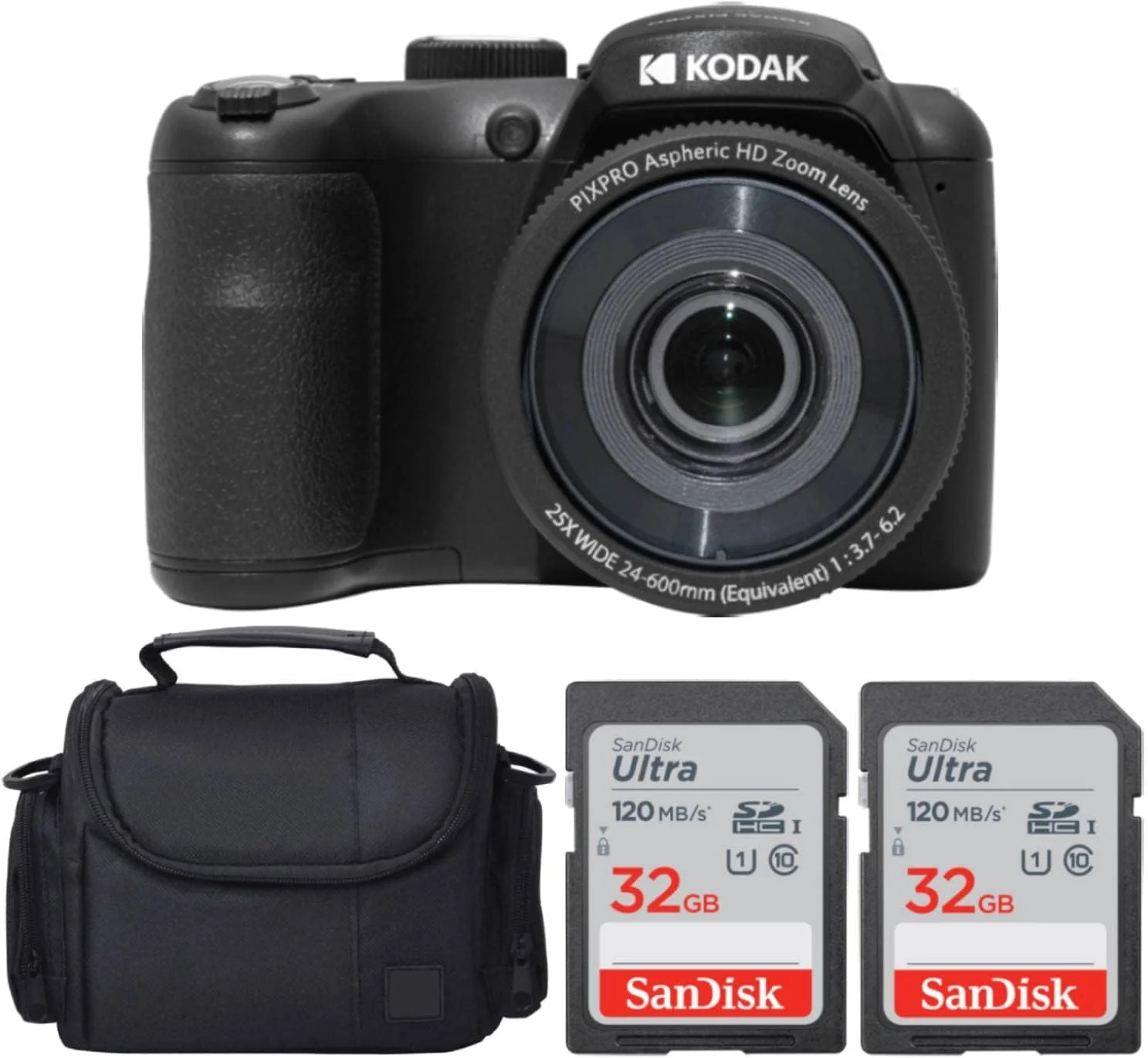 دوربین دیجیتال Kodak PIXPRO AZ255 + کارت حافظه SanDisk 32GB (2 عدد) + کیف دوربین دیجیتال/فیلمبرداری (مشکی)