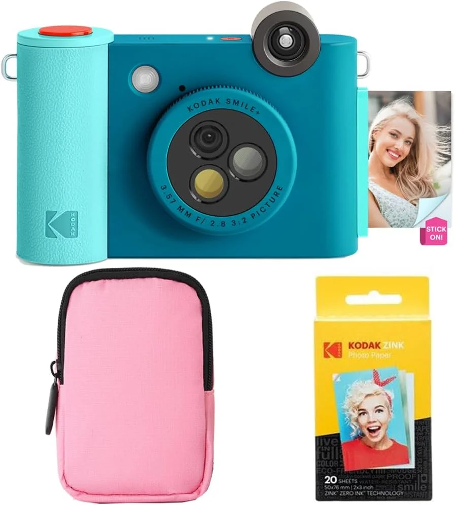بسته شروع دوربین چاپ فوری دیجیتال و چاپگر عکس بلوتوث بی سیم KODAK Smile+ 2 در 1 + کیف نرم + کاغذ عکس چسبی Zink 20 عددی - 10 مگاپیکسل، لنز چرخشی با جلوه های ویژه - آبی