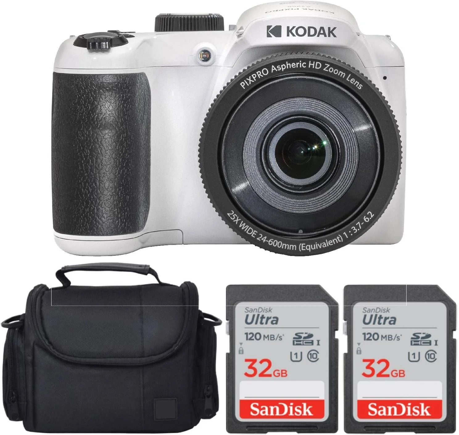 دوربین دیجیتال Kodak PIXPRO AZ255 (سفید) به همراه بسته 32 گیگابایتی کارت حافظه Ultra UHS-I SDHC (2 عدد) + کیف (4 قلم)
